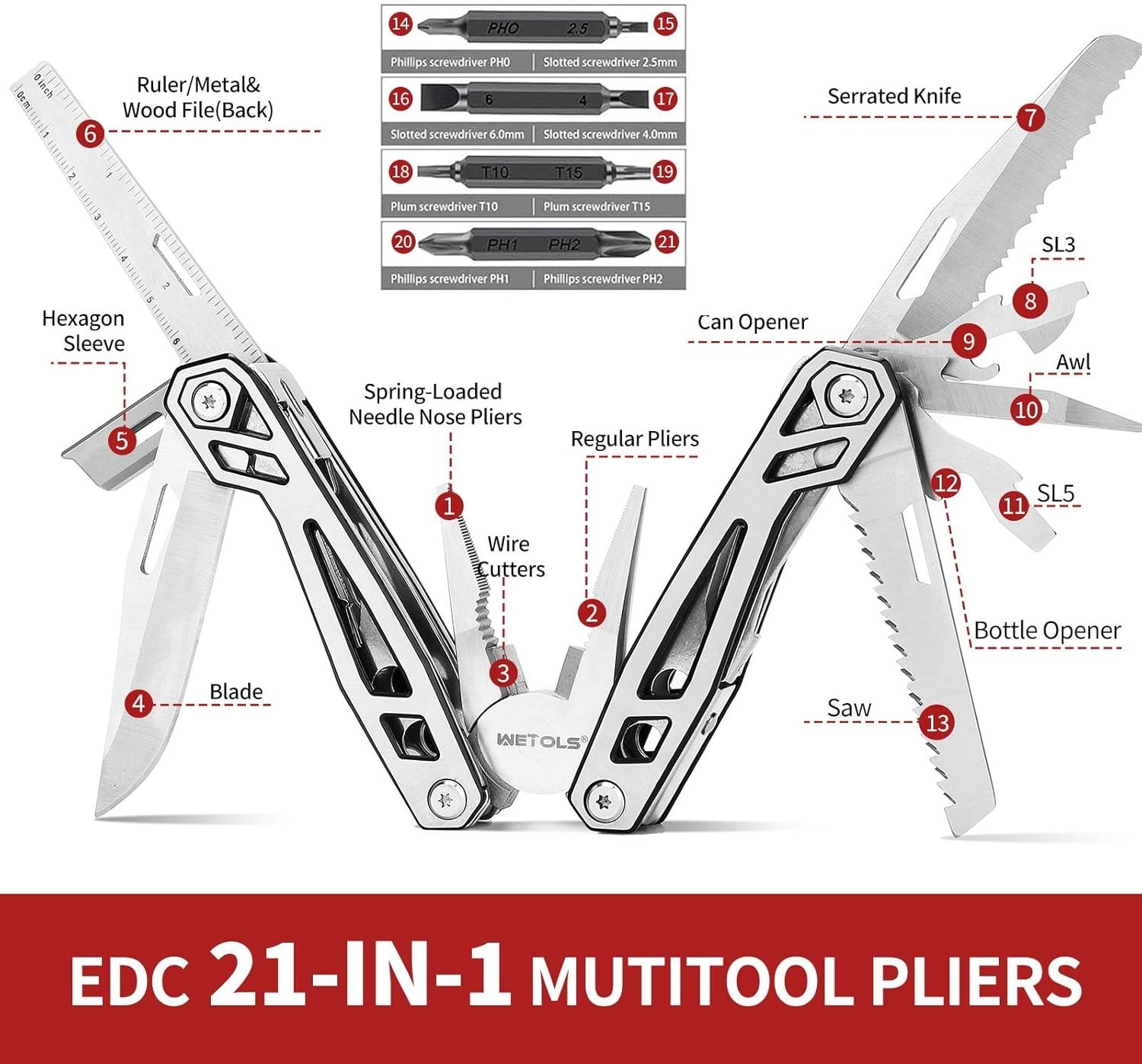 Multitool with Pocket Knife, Birthday Gifts for Men Women Mom Dad, WETOLS 21-in-