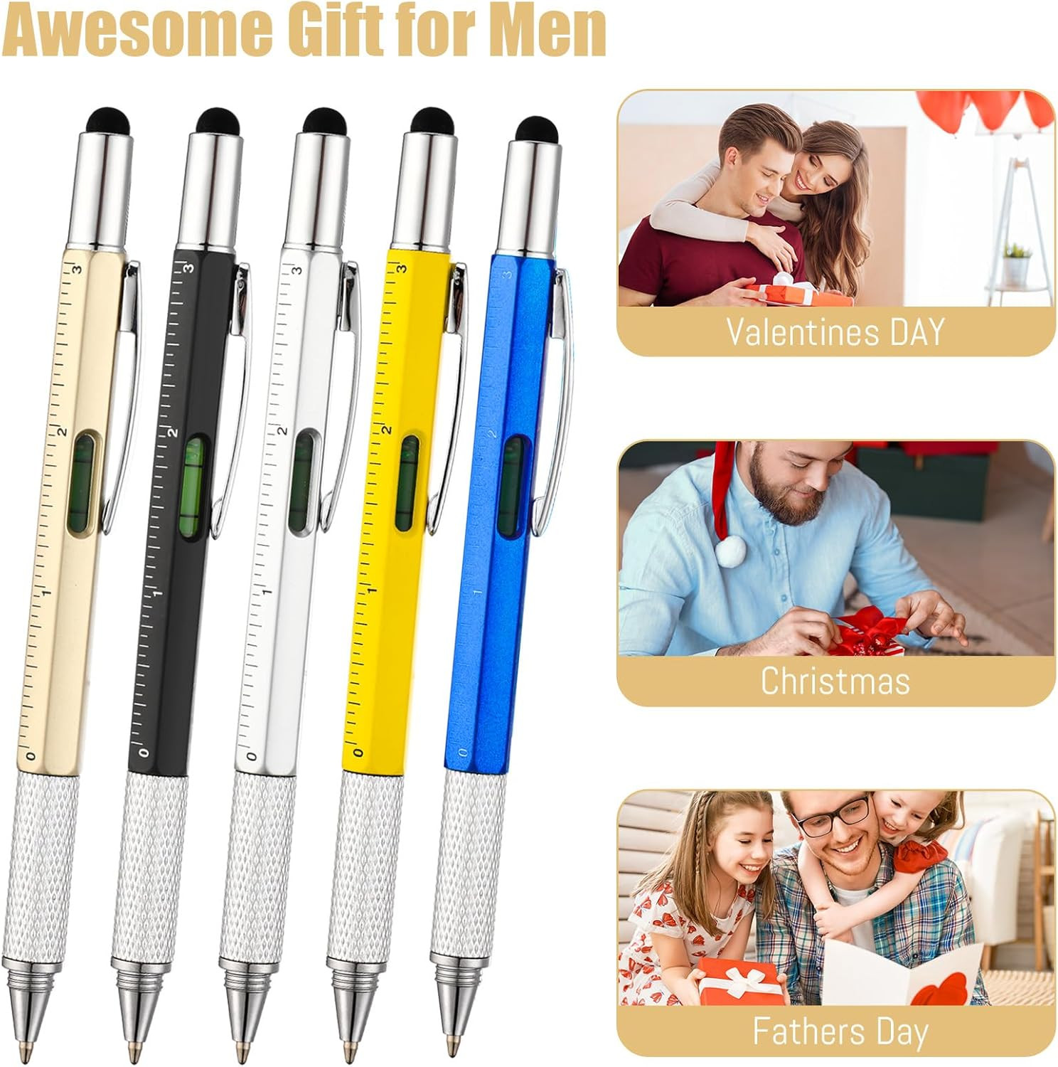 80 Pcs Gifts for Men:6 in 1 Multi Tool Pens with Refills Ruler Level Gauge Bulk