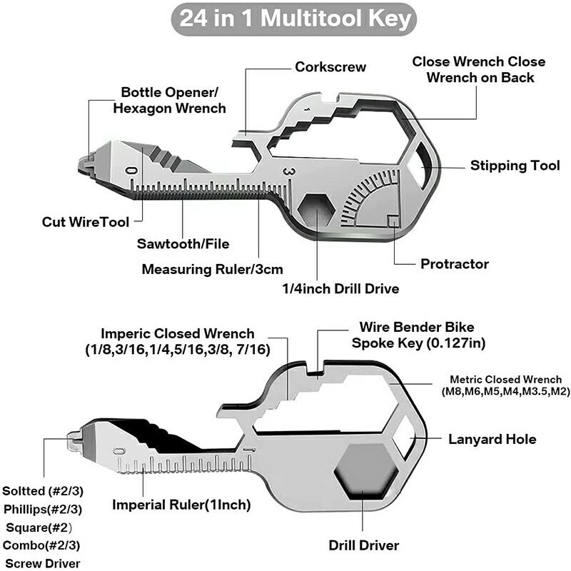 24 in 1 Key Shaped Pocket EDC Multi Tool Keychain Bottle Opener Wrench Ruler