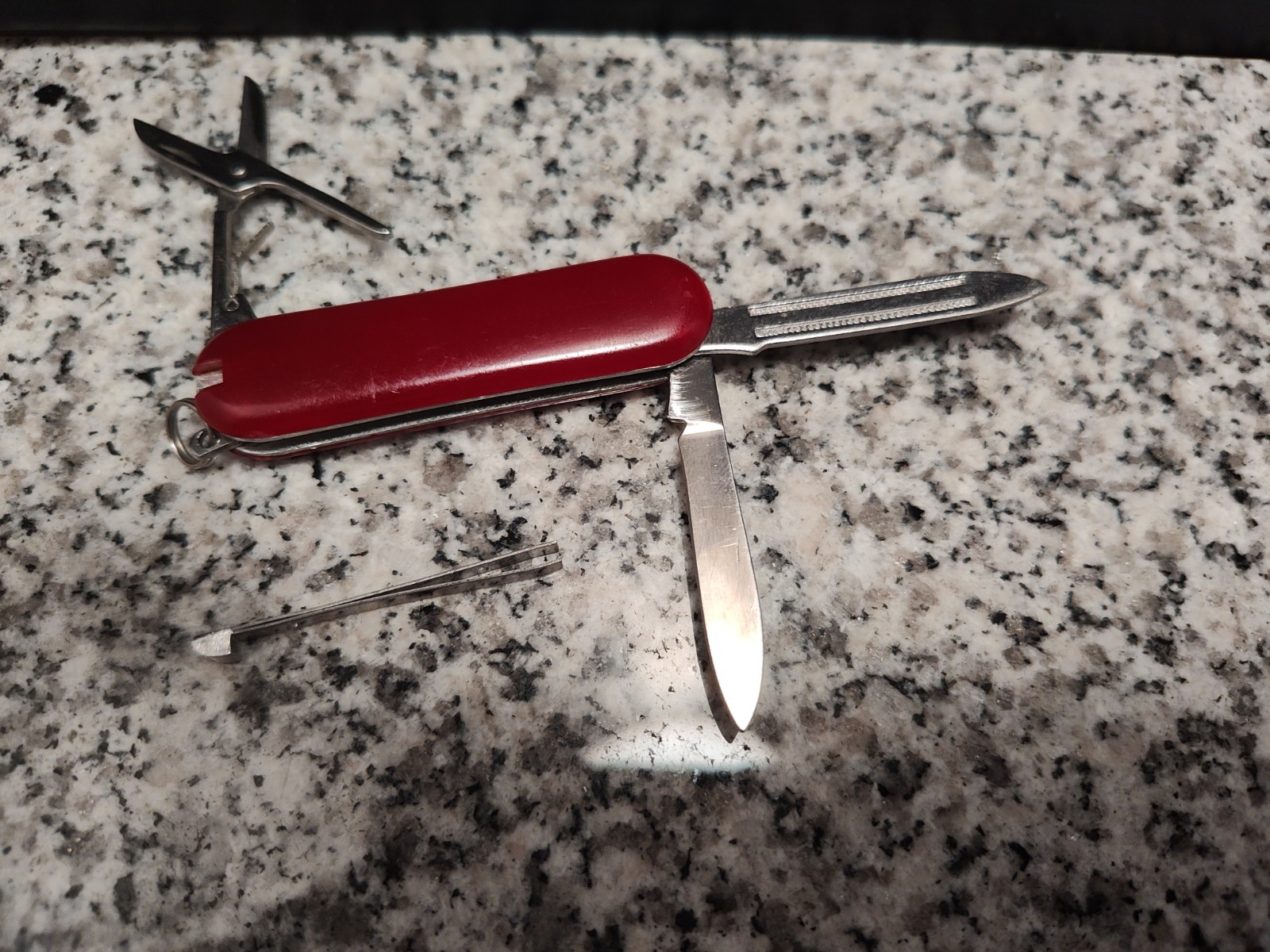 Multi-tool Knife Field Keychain. Tweezers, Scissors, File, Knife Blade. 1990’s.
