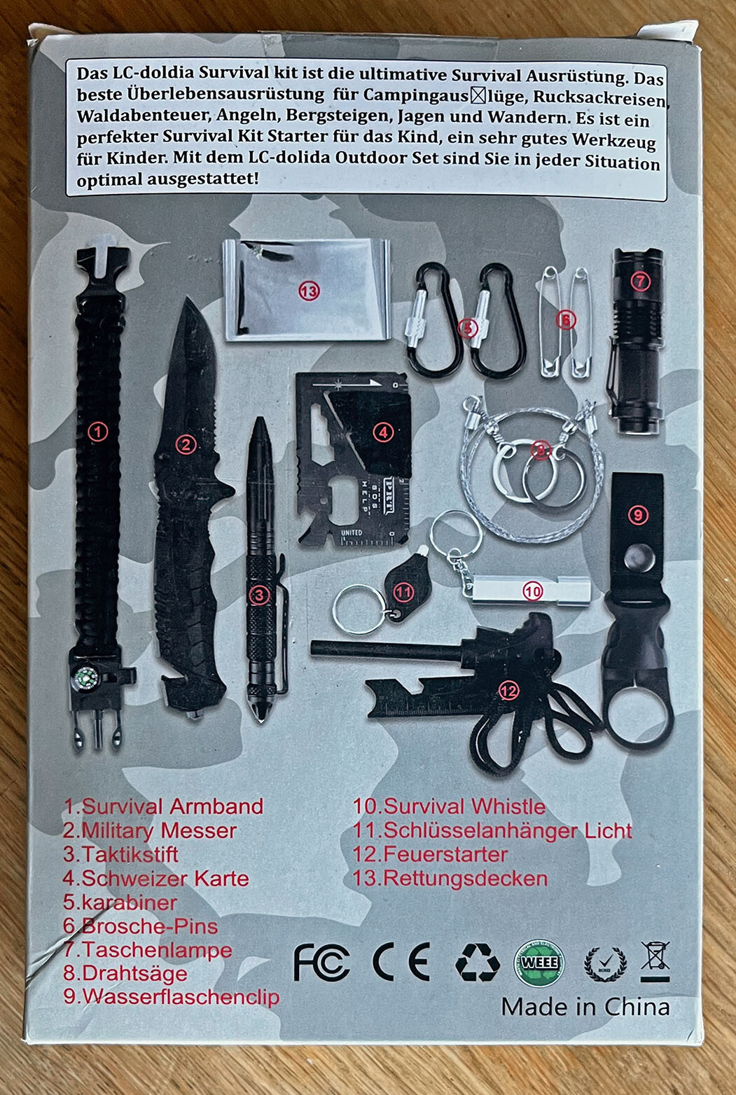 Survival Gear Kit 15PCS Knife Flashlight Wire Saw Hard Case Camping Preparedness