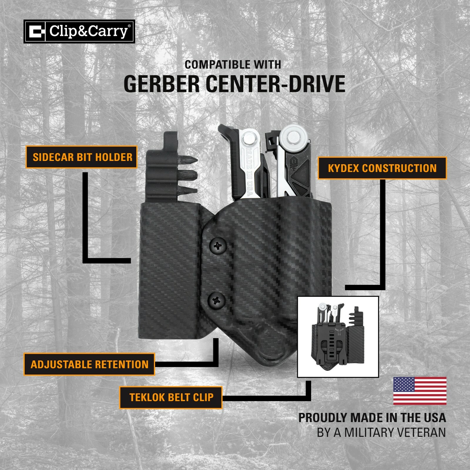 Clip & Carry Kydex Multitool Sheath – For the Gerber CENTER-DRIVE w/ Bit Sidecar