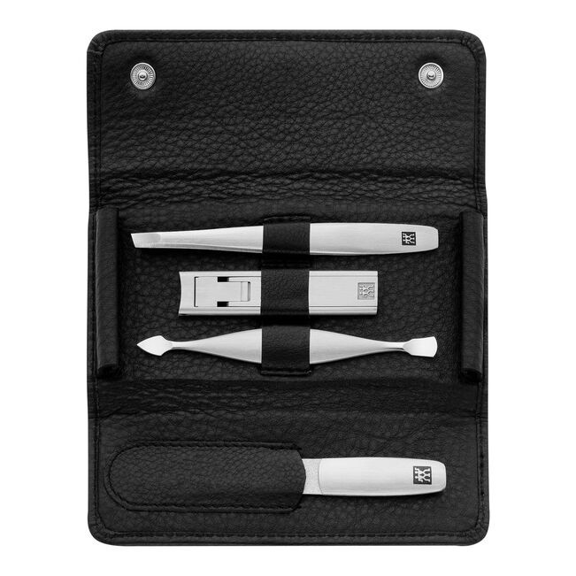 ZWILLING TWINOX 4-pc, Leather Travel Set With Snap Fastener Case, Black Matte