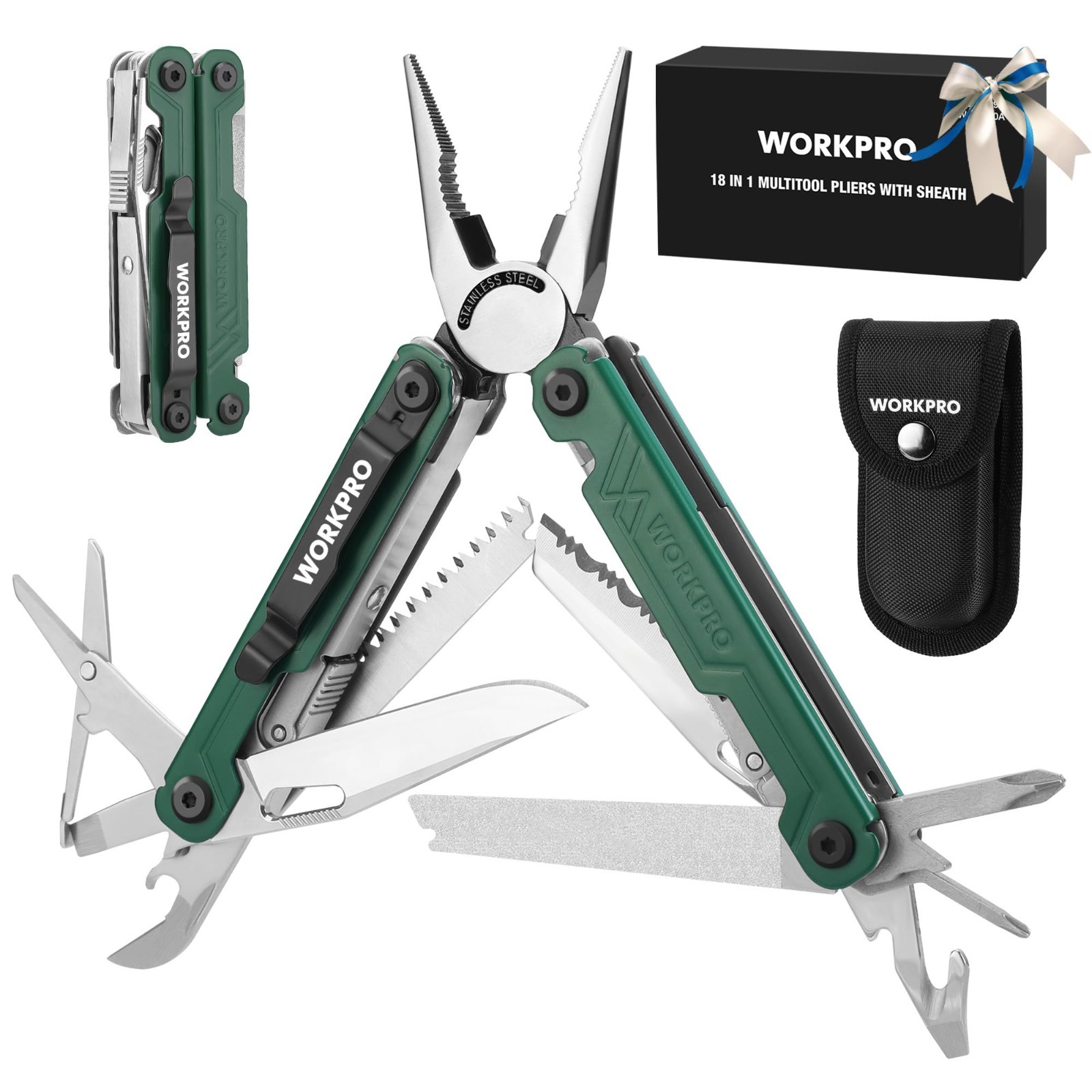 18-in-1 Stainless Steel Multitool with Pocket Knife, EDC Utility Tool for Campin