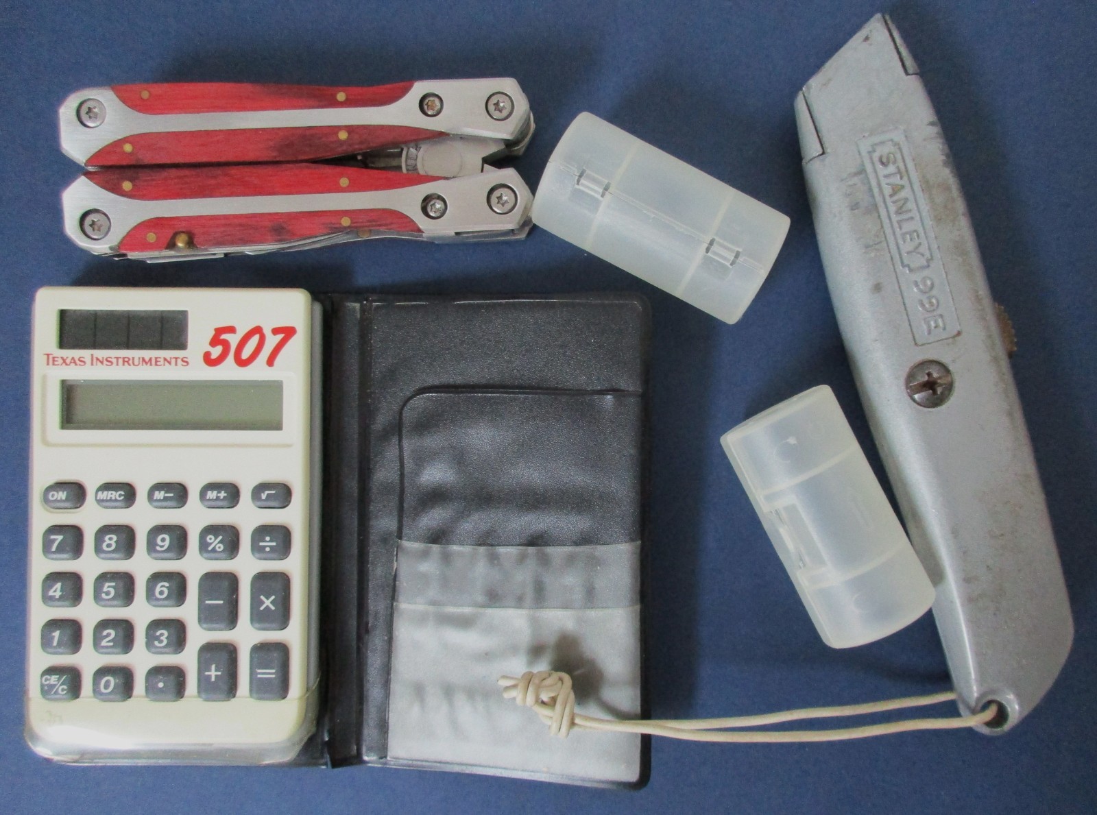 Grandpas Desk Drawer-Multi-Tool-Texas Instr. Solar Calculator-Stanley Box Cutter