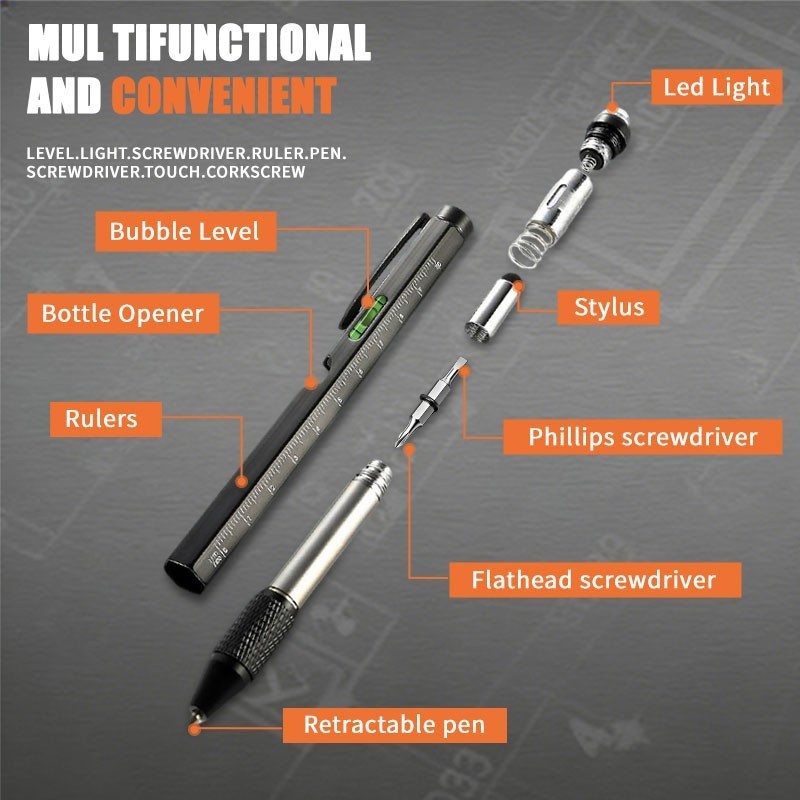 9 in 1 Multifunction Ballpoint Pen with Modern Handheld Tool Measure Technical`