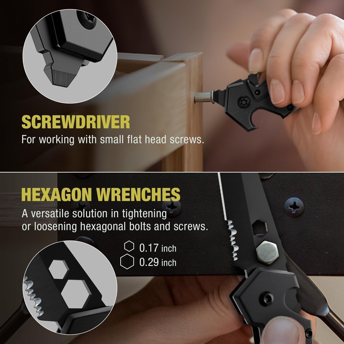 Mini Keychain Knife with Carabiner – 1.3″ Tanto Serrated Blade – 6 in 1 Black