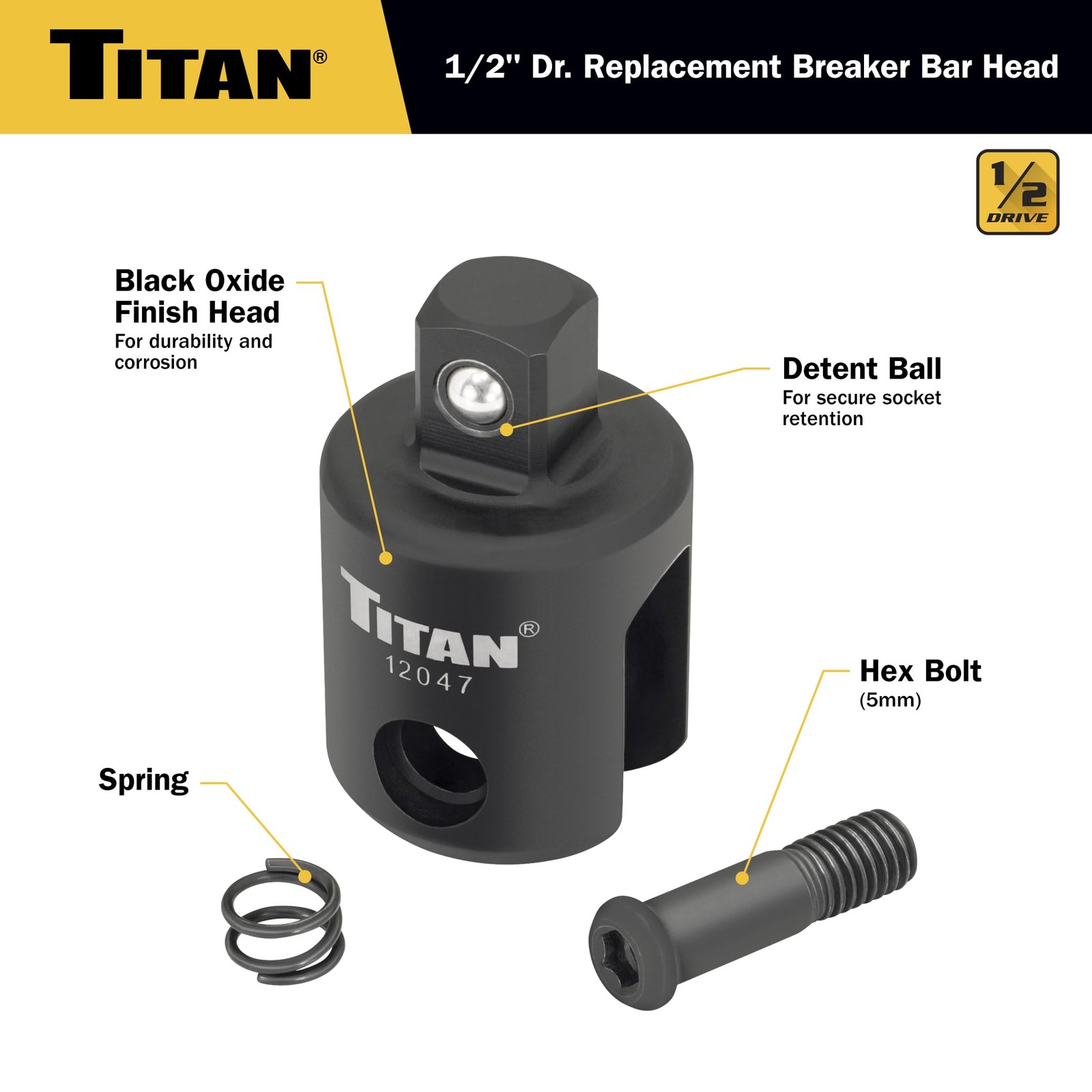 12021 1/2Inch Drive Breaker Bar Replacement Head, Compatible with 12047