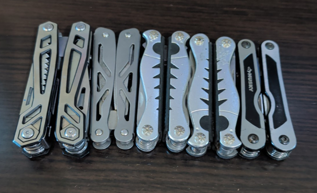 Lot of 5 Multi Tools Husky Stainless Pliers Knife Saw File Screwdrivers