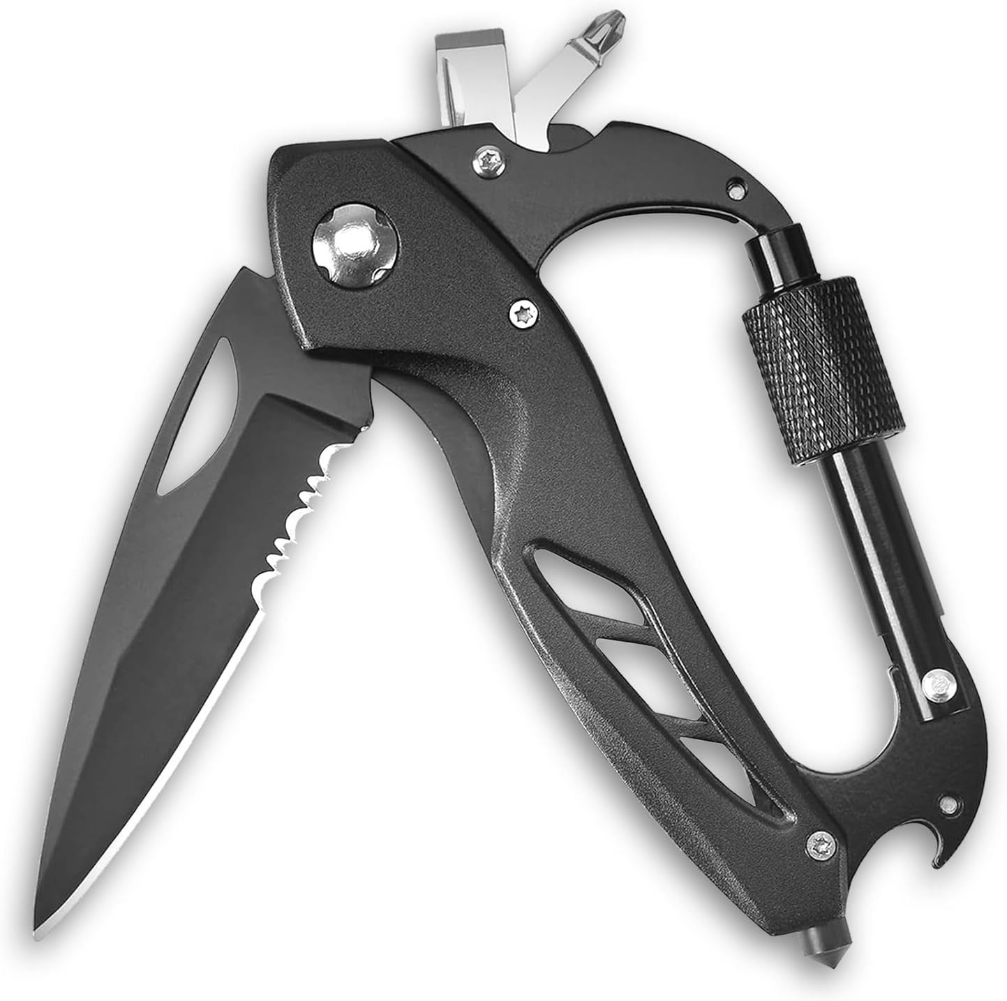Carabiner Multitool, Carabiner with Pocket Knife, Serrated Folding Knife, Rope C