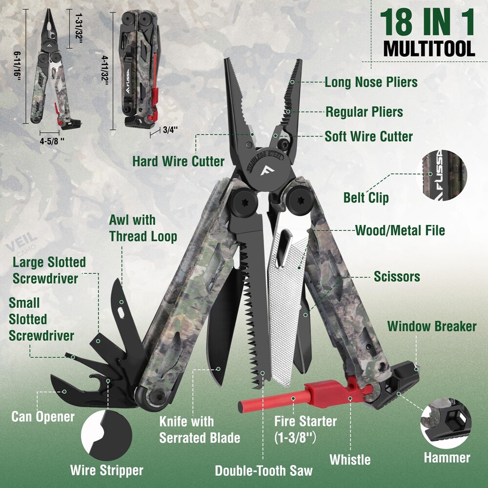 FLISSA 18 in 1 Multitool Camo Multitool Plier Fire Starter Breaker Whistler Gear