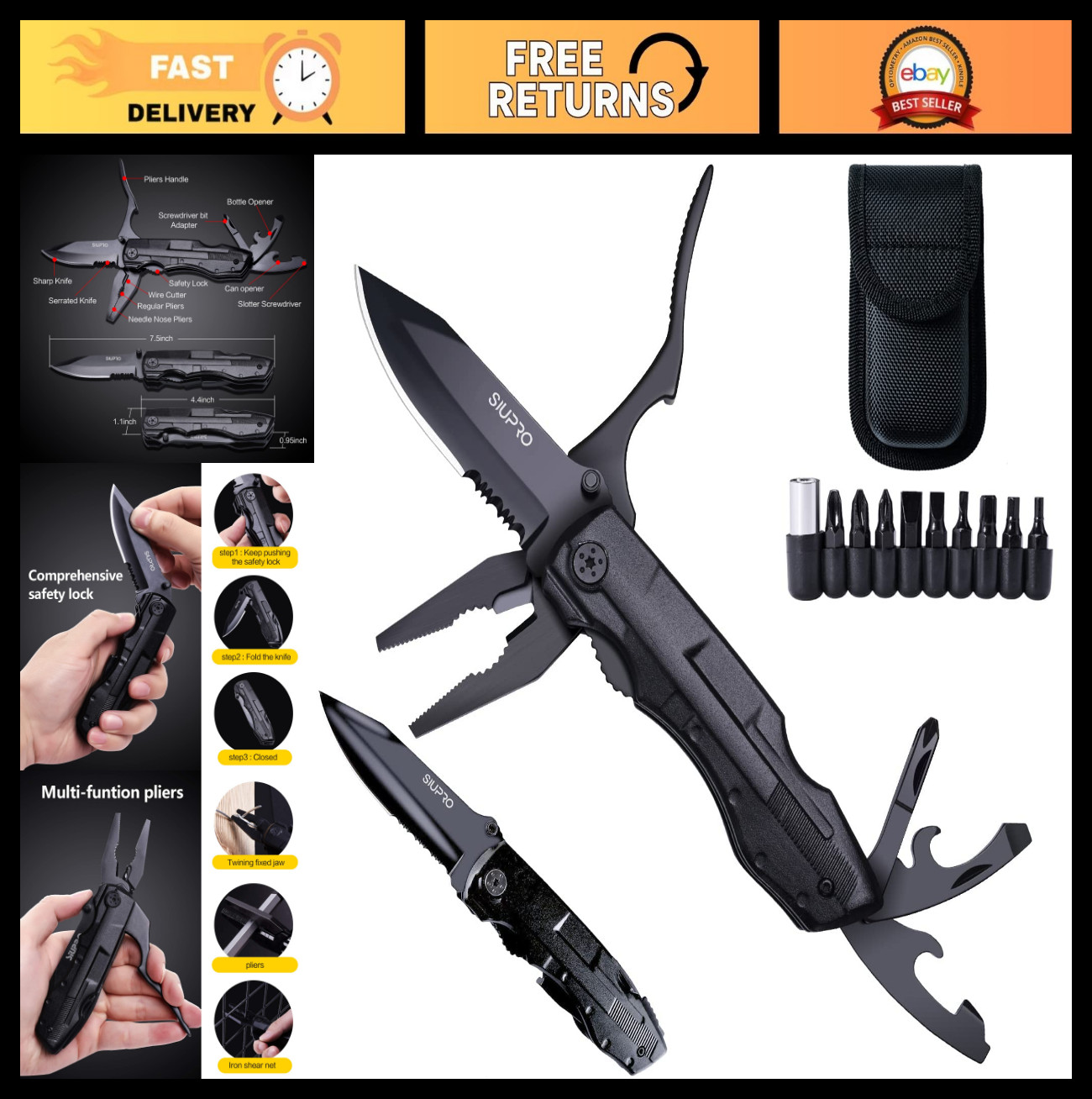 Tactical Multitool Pocket Knife – Folding Utility Plier Set for Camping, Surviva