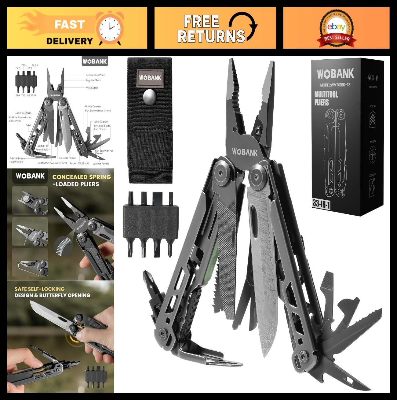 33-in-1 Stainless Steel Multitool Pliers, Damascus Pocket Knife & Nylon Sheath f