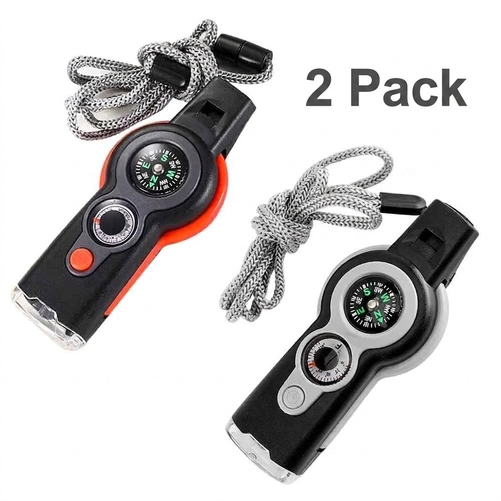 2pc 7 in 1 Emergency Survival Camping Hiking Whistle Compass Thermometer LED