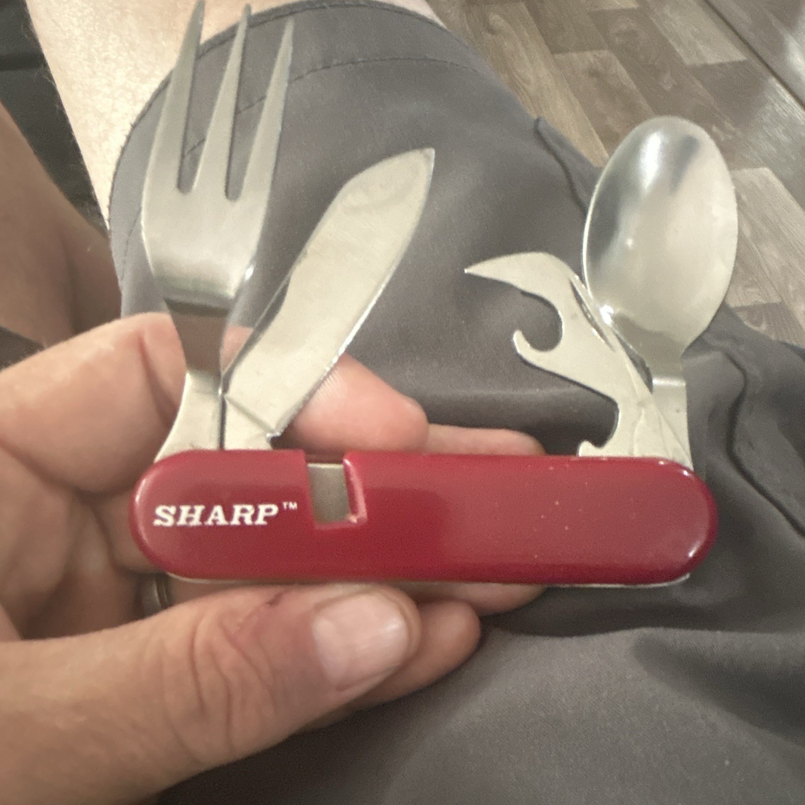 Sharp 4-in-1 Folding Multi-Tool Red Stainless Steel Knife Fork Spoon Opener hobo