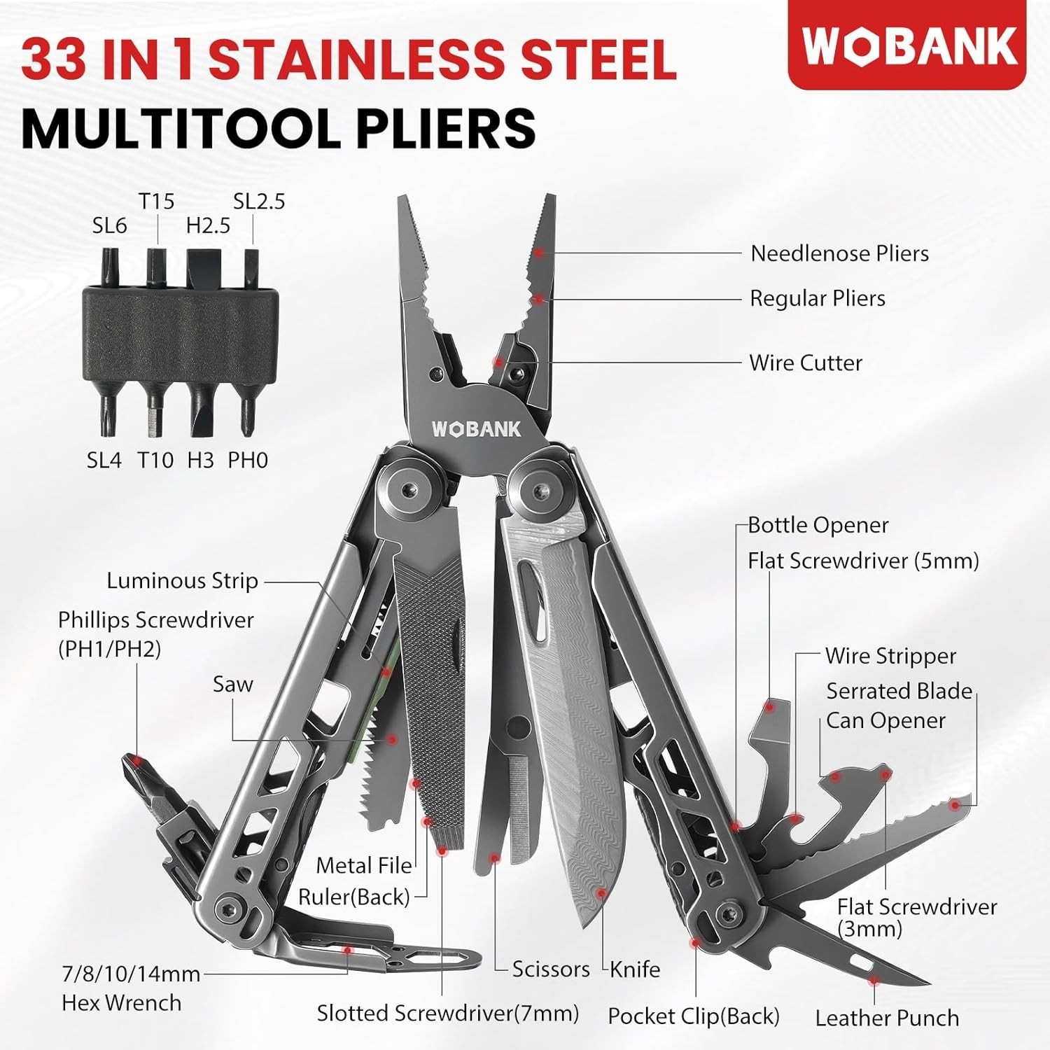 Compact 33-in-1 Multitool with Damascus Knife & Luminous Strip for Low-Light Use