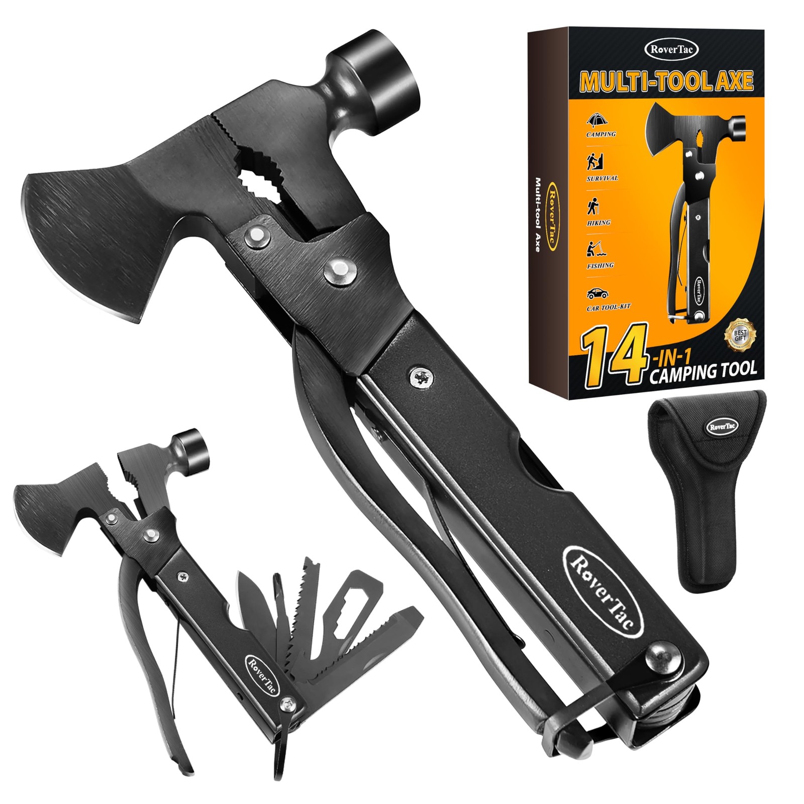 RoverTac 14-in-1 Multitool Camping Axe – Multi Tool with Knife, Hammer, Saw, Scr