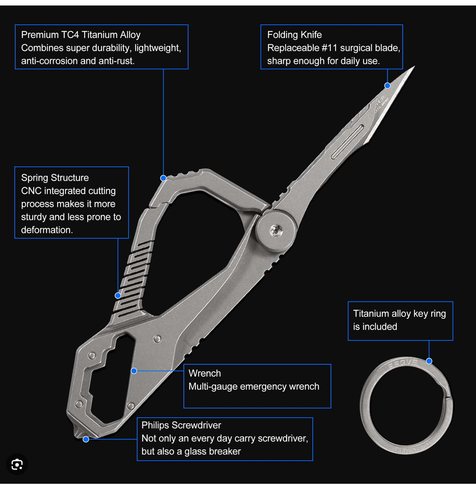 Titanium Carabiner, Palm Sized EDC Multitool with Ring,