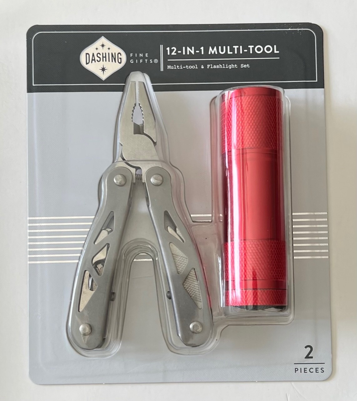 Dashing 12-in-1 Multi Tool & Red Flashlight Set Pliers Knife Screwdriver NEW