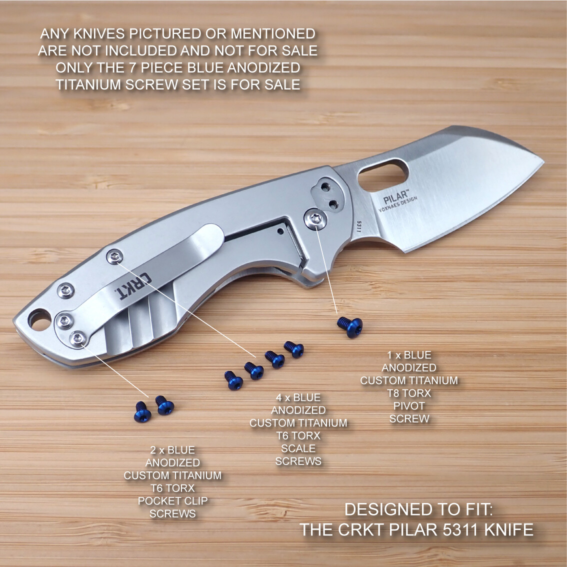 CRKT 5311 Pilar 7pc Custom Anodized BLUE Titanium Torx Screw Set – (no knife)