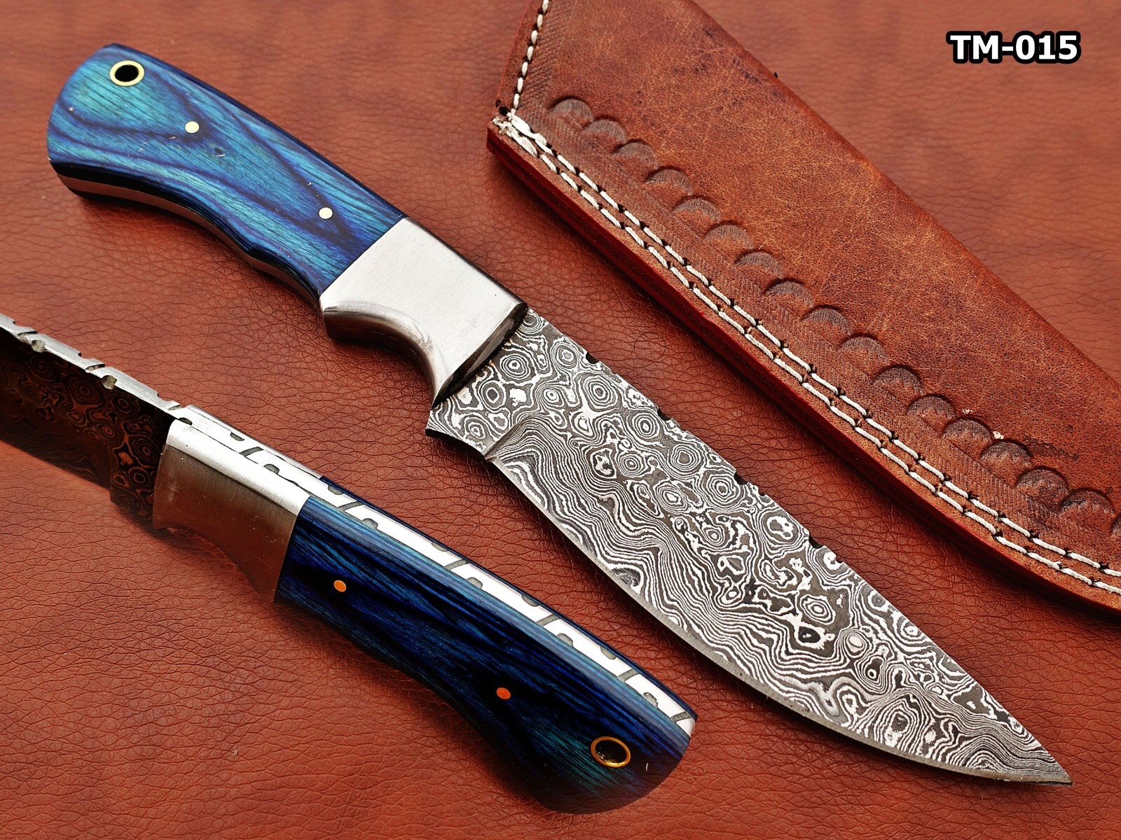 9.5″ Rain drop Damascus steel Blue wood scale Skinning knife W/ Leather sheath