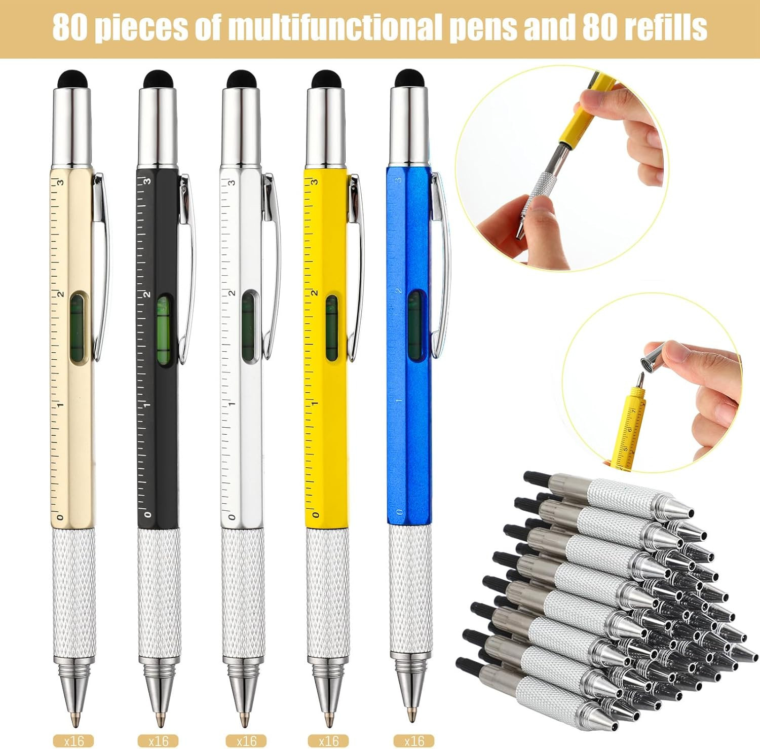 80 Pcs Gifts for Men:6 in 1 Multi Tool Pens with Refills Ruler Level Gauge Bulk