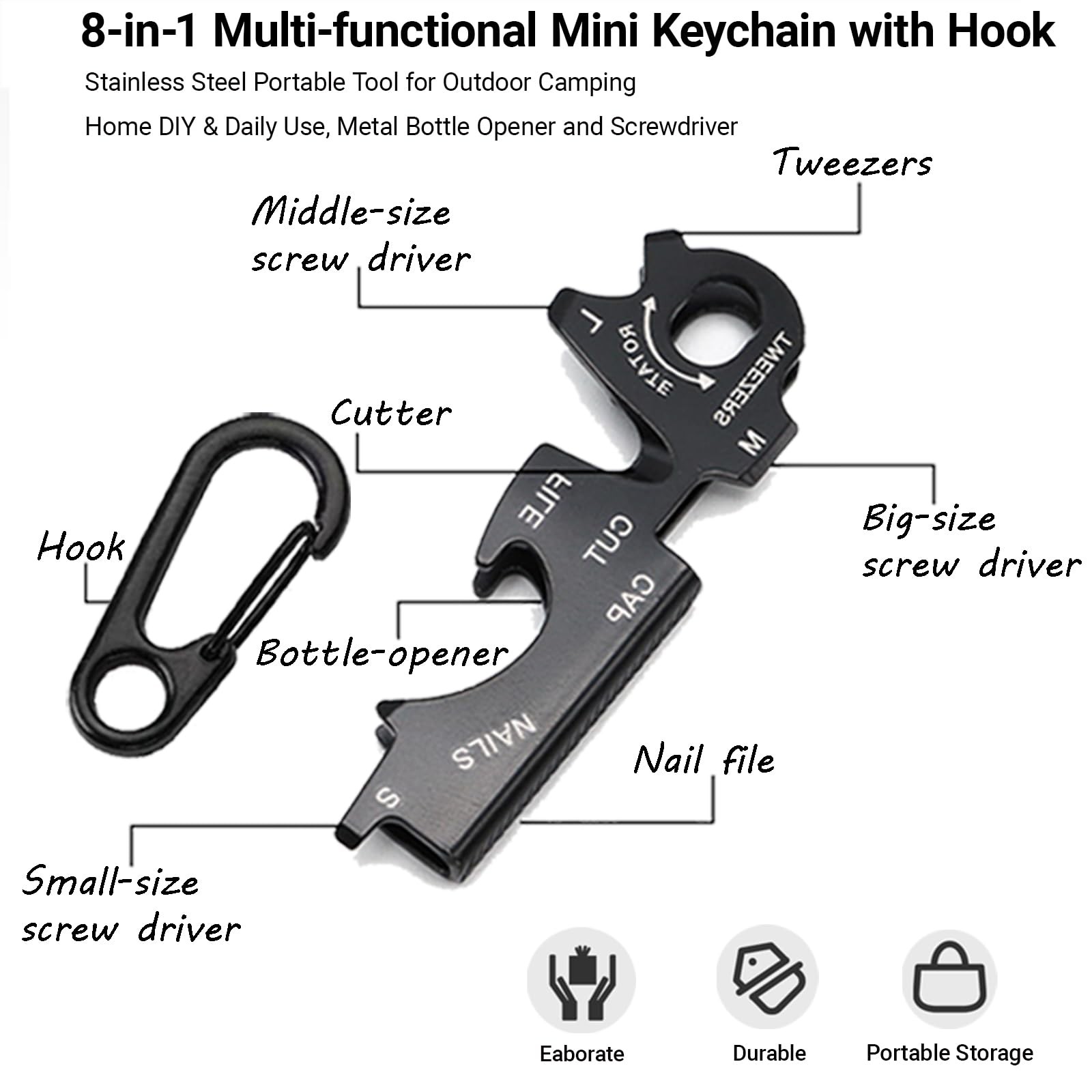 8-in-1 EDC Multi-Tool Keychain with Carabiner Clip, Heavy Duty Pocket Tool wi…