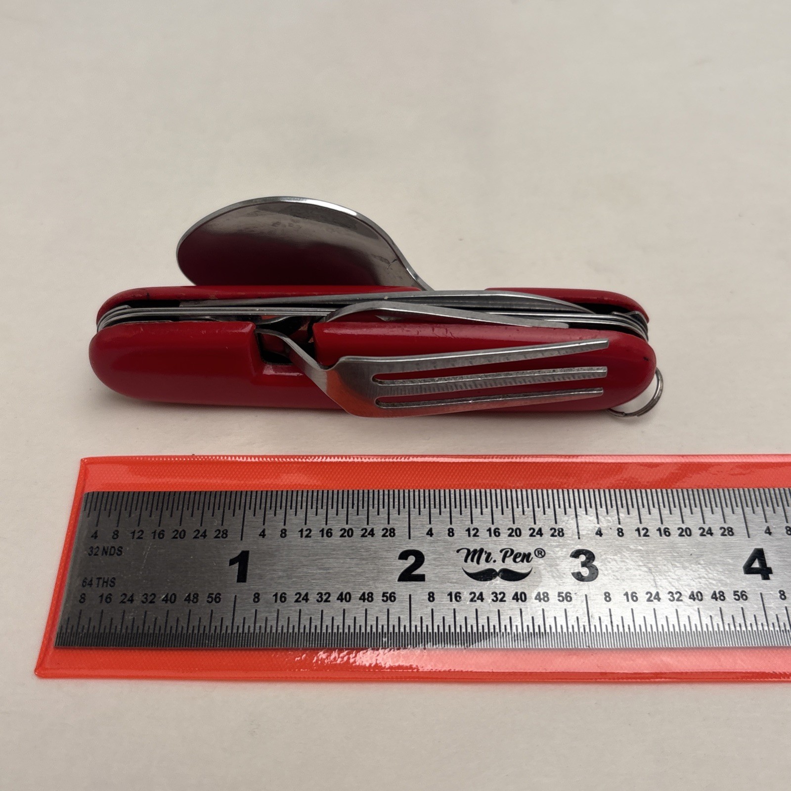 Vintage Red Camper 6 Tool Folding Knife Spoon Fork Can & Bottle Opener Hunt Camp