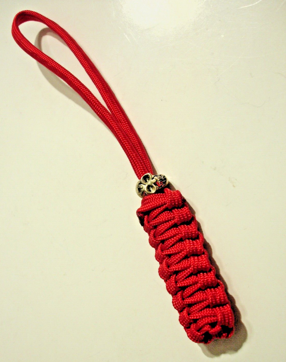 HANDMADE (by me) RED 550 PARACORD KNIFE LANYARD SILVER METAL SKULL BEAD USA MADE