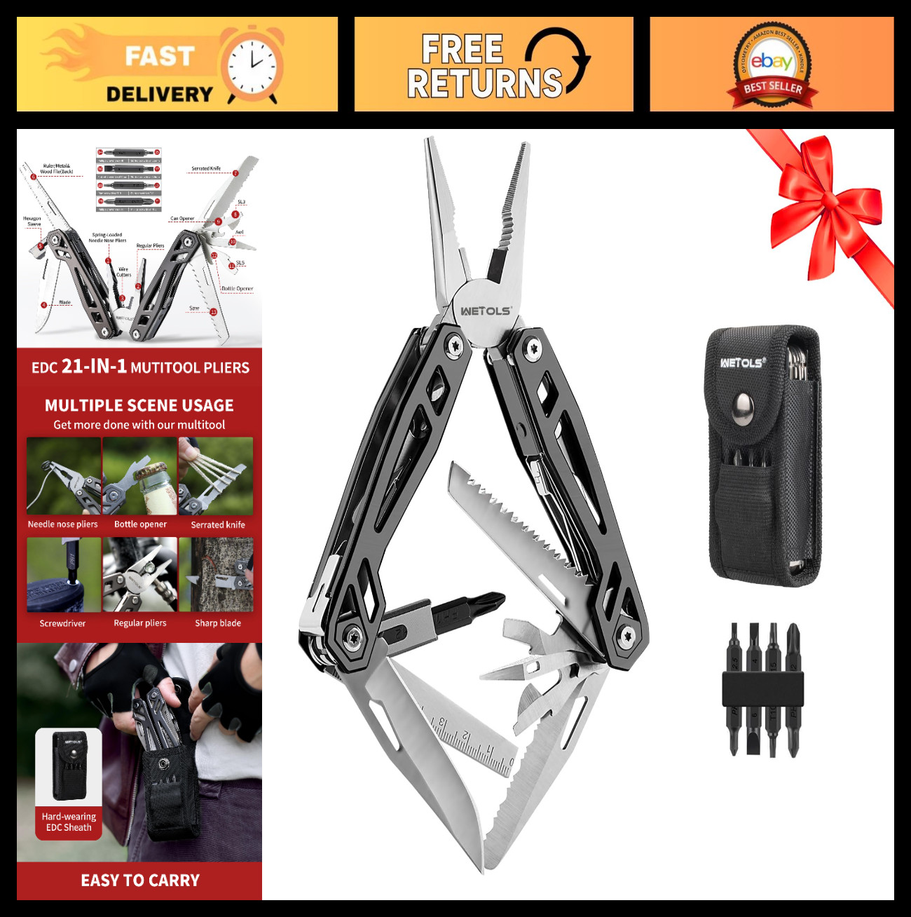 21-in-1 Multitool with Pocket Knife, Stainless Steel Pliers & Screwdriver Bits –