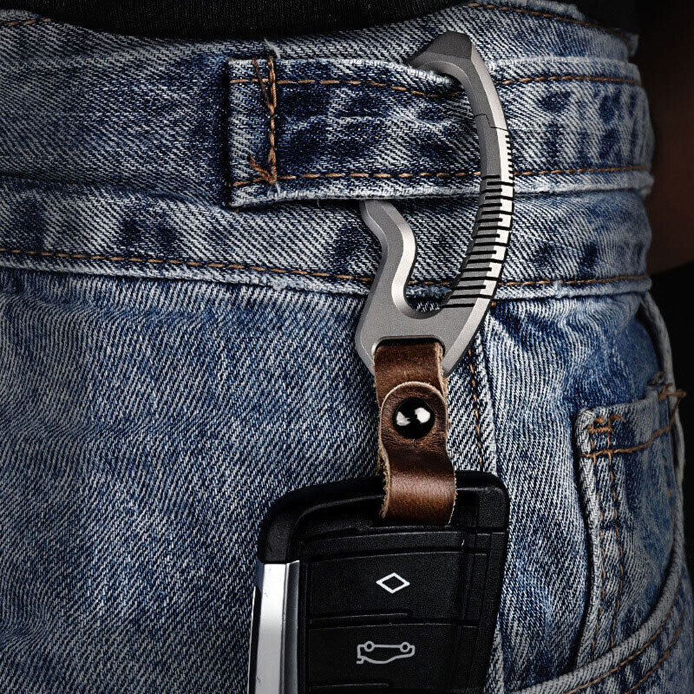 Titanium Alloy + Leather Removable Keychain Carabiner Pendant Crowbar EDC Tool