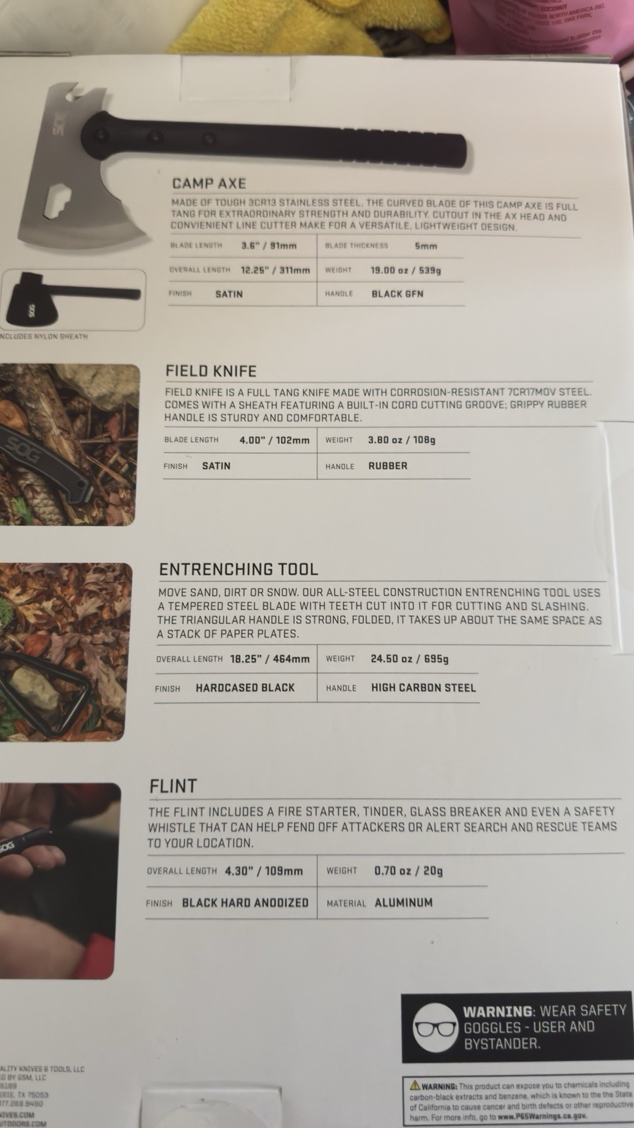 SOG Ultimate Camping Kit, Field Knife, Camp Axe, Entrenching Tool, Flint New