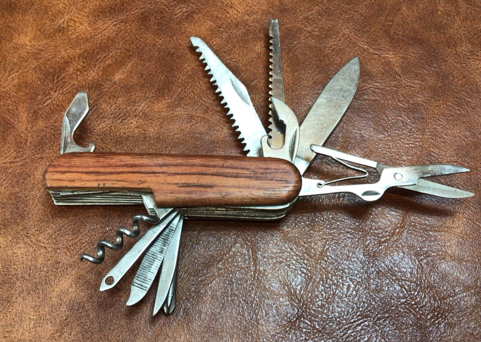 VTG Knife Multi-Tool Wooden Handle Folding Blade Cork Screw Saw Scissors