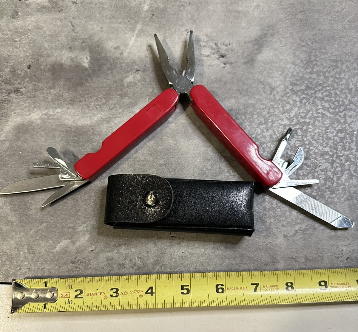 Multi Tool 9-1 Red Vintage With Case Pliers Folding Bottle Opener File Knife