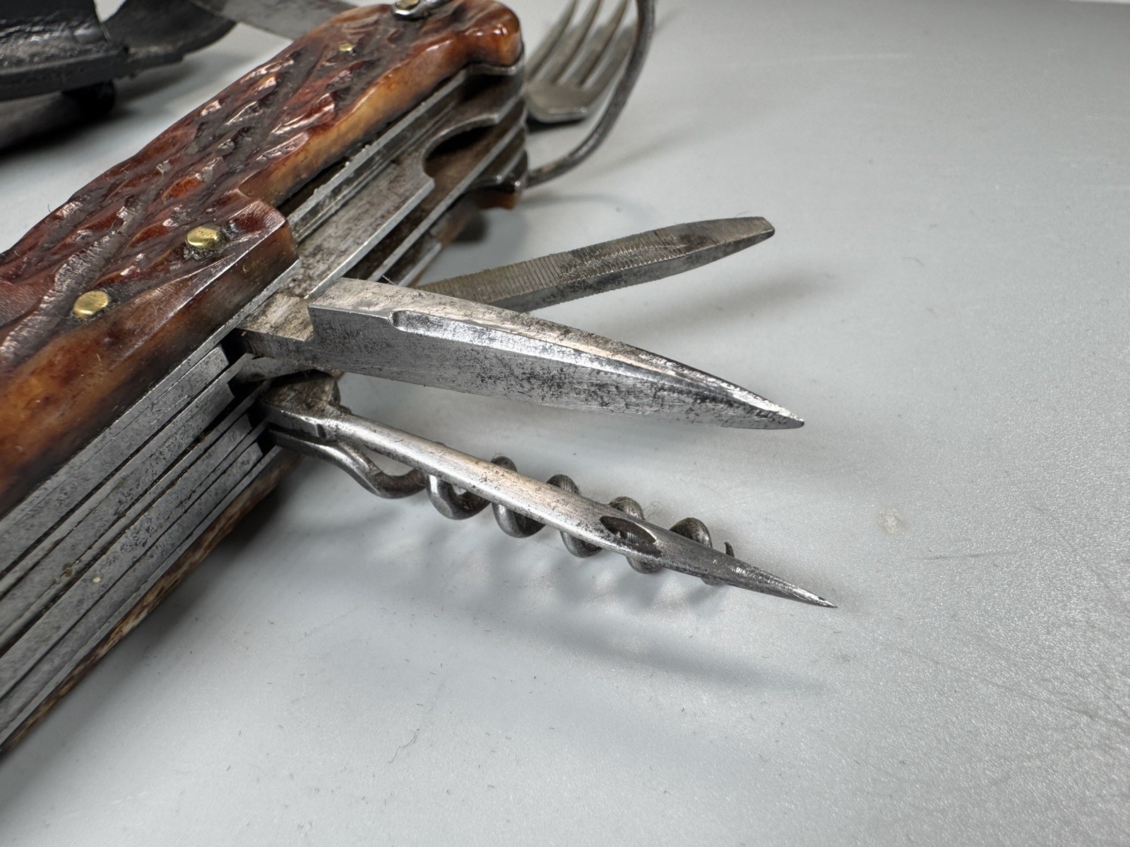 VTG Camping Multi Tool Europe Knife w Spoon Fork Scissors Corkscrew Leather Case