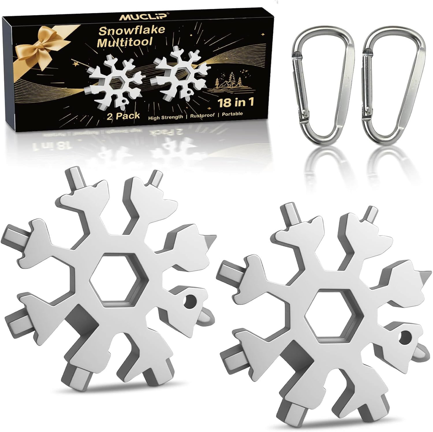 18-In-1 Snowflake Multi Tool with Keyring and Carabiner, Stainless Steel Pocket