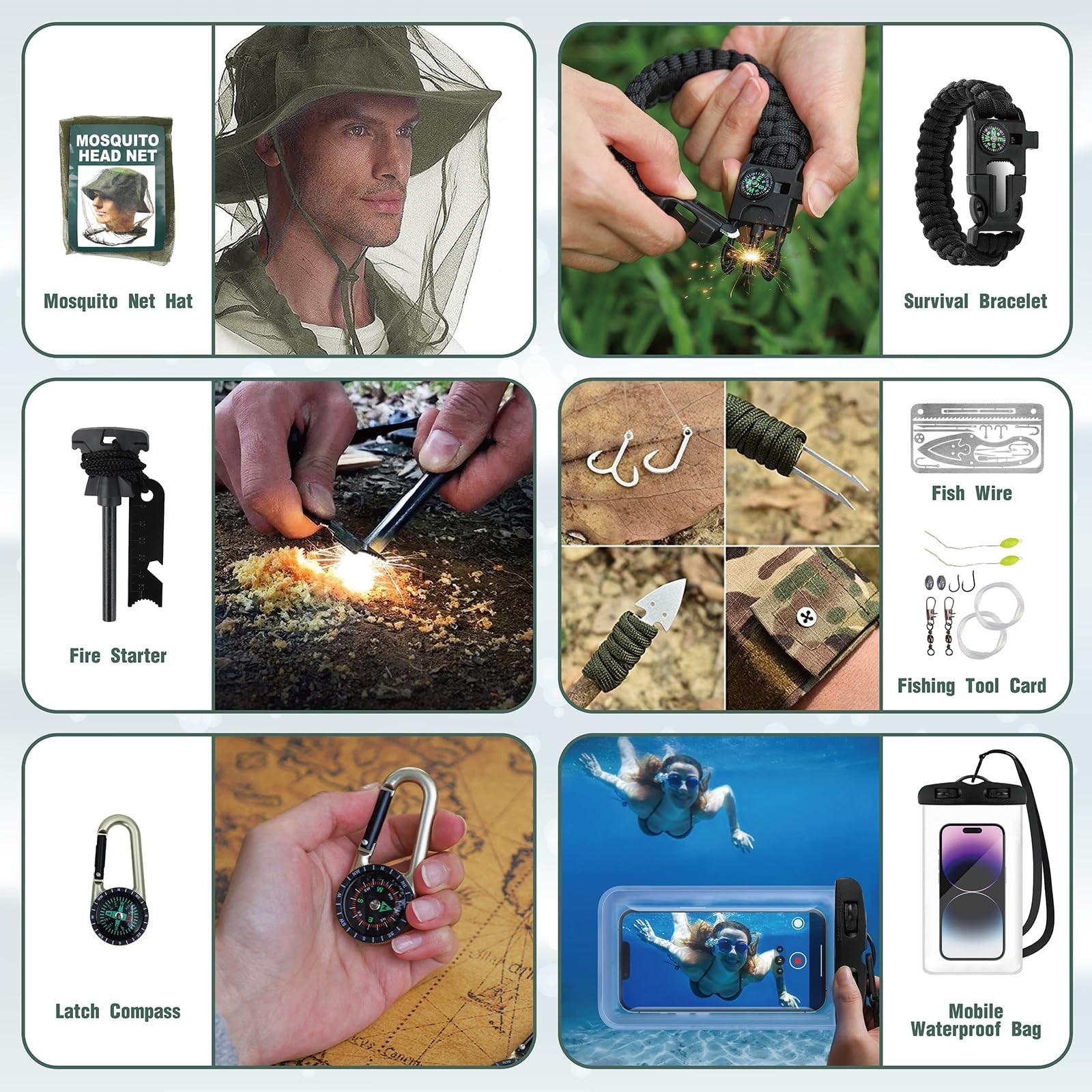 24-in-1 Survival Kit Multi-Tool Set for Camping, Hiking, Fishing & Hunting – Gre