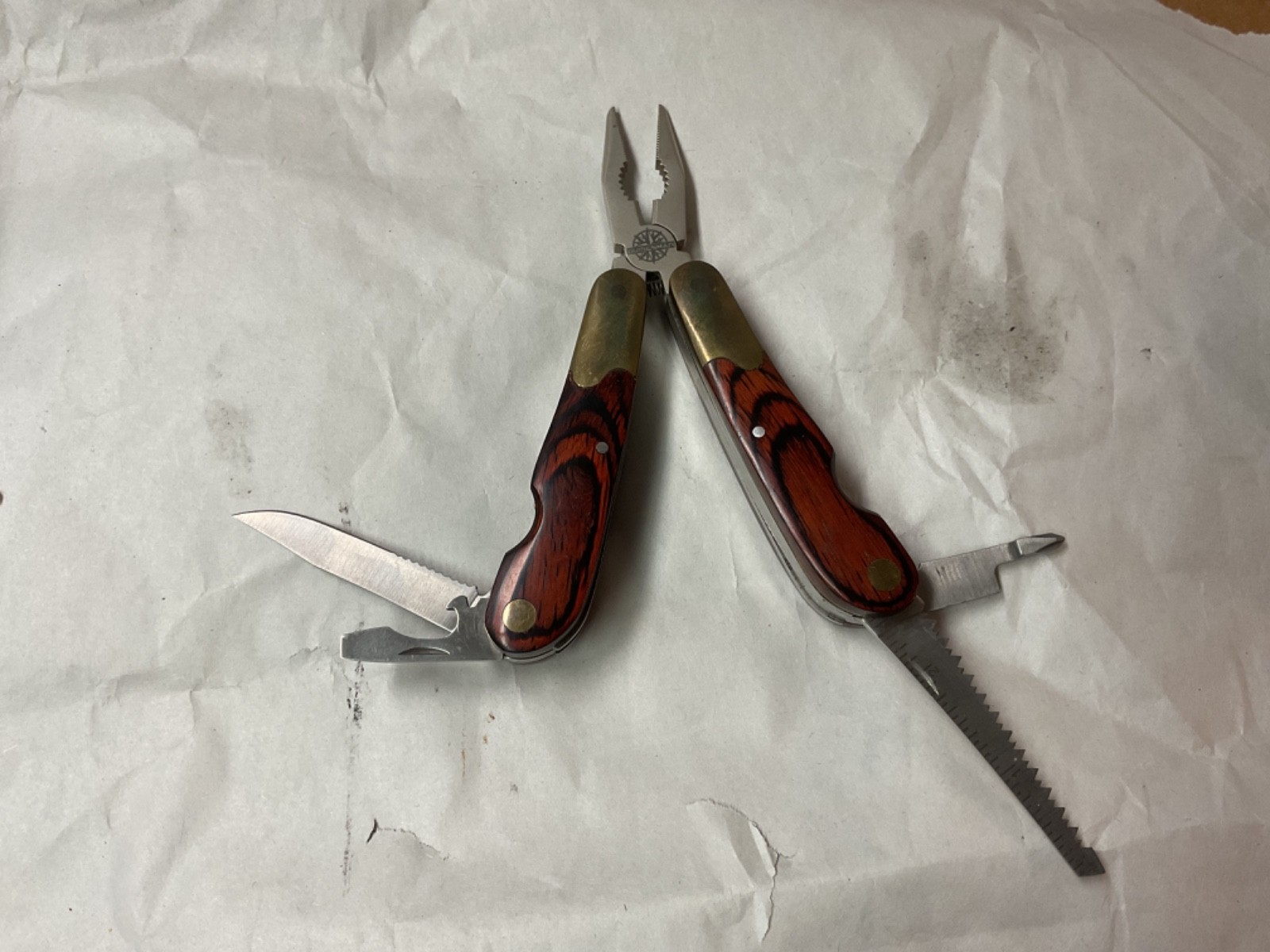 VINTAGE Guidesman Rosewood & Brass Multi-Tool,Pliers & More,Leather Belt Sheath