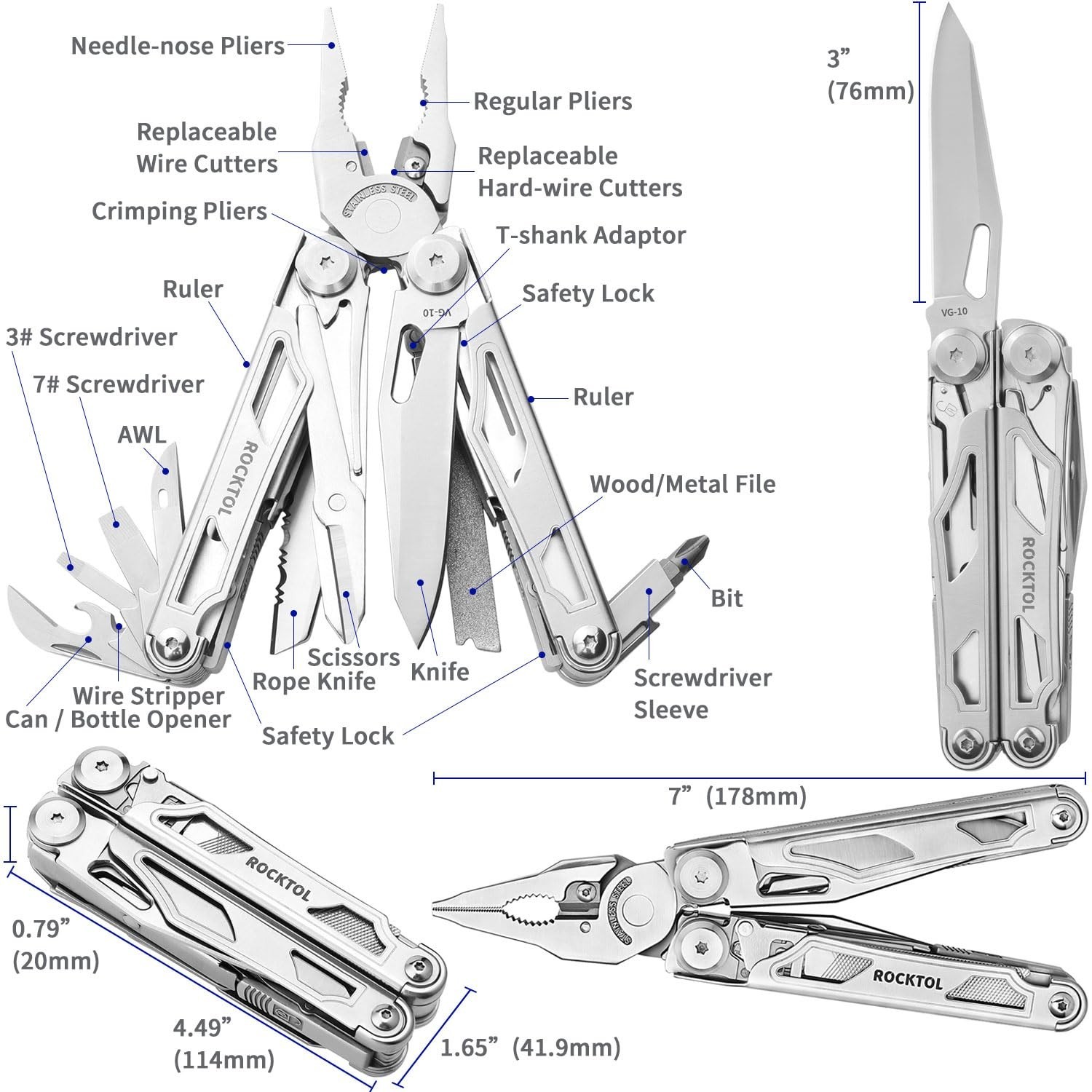 29-in-1 Heavy-Duty Multitool Pliers with VG10 Knife, Replaceable Wire Cutters, C