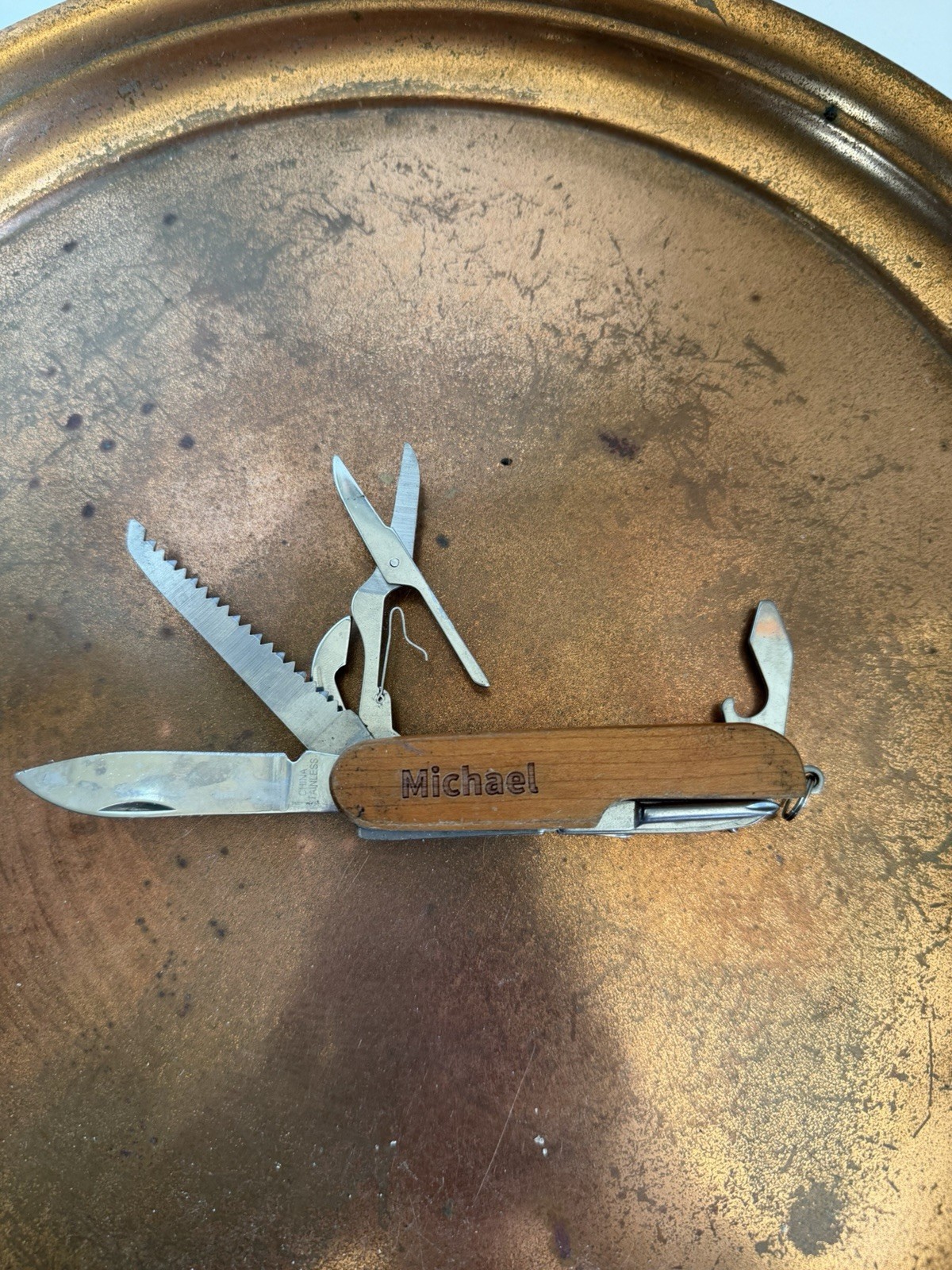 Personalized ‘Michael’ Multi-Tool Knife Wood Handle 7 Functions Brown Silver