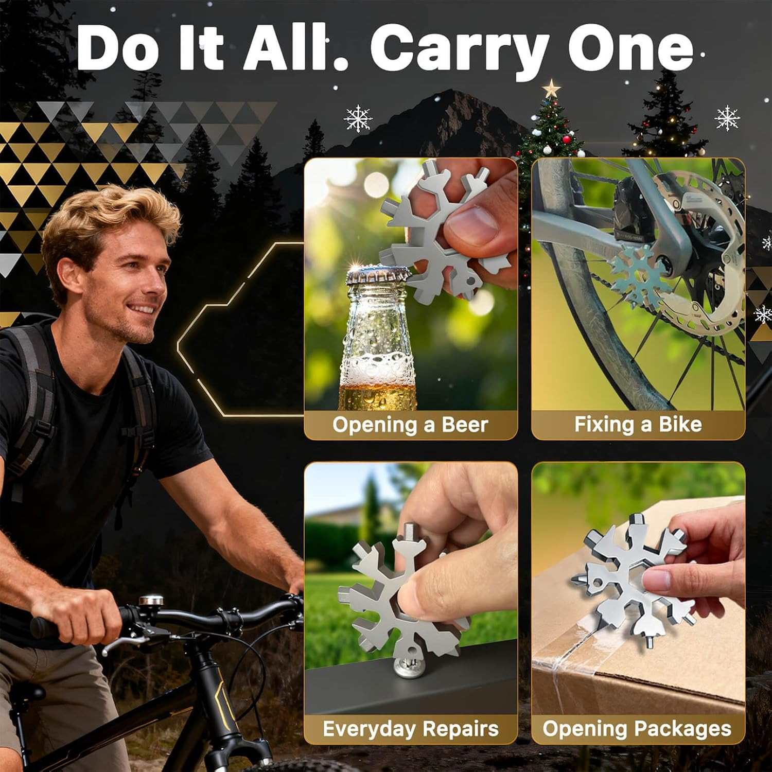 18-In-1 Snowflake Multi Tool with Keyring and Carabiner, Stainless Steel Pocket