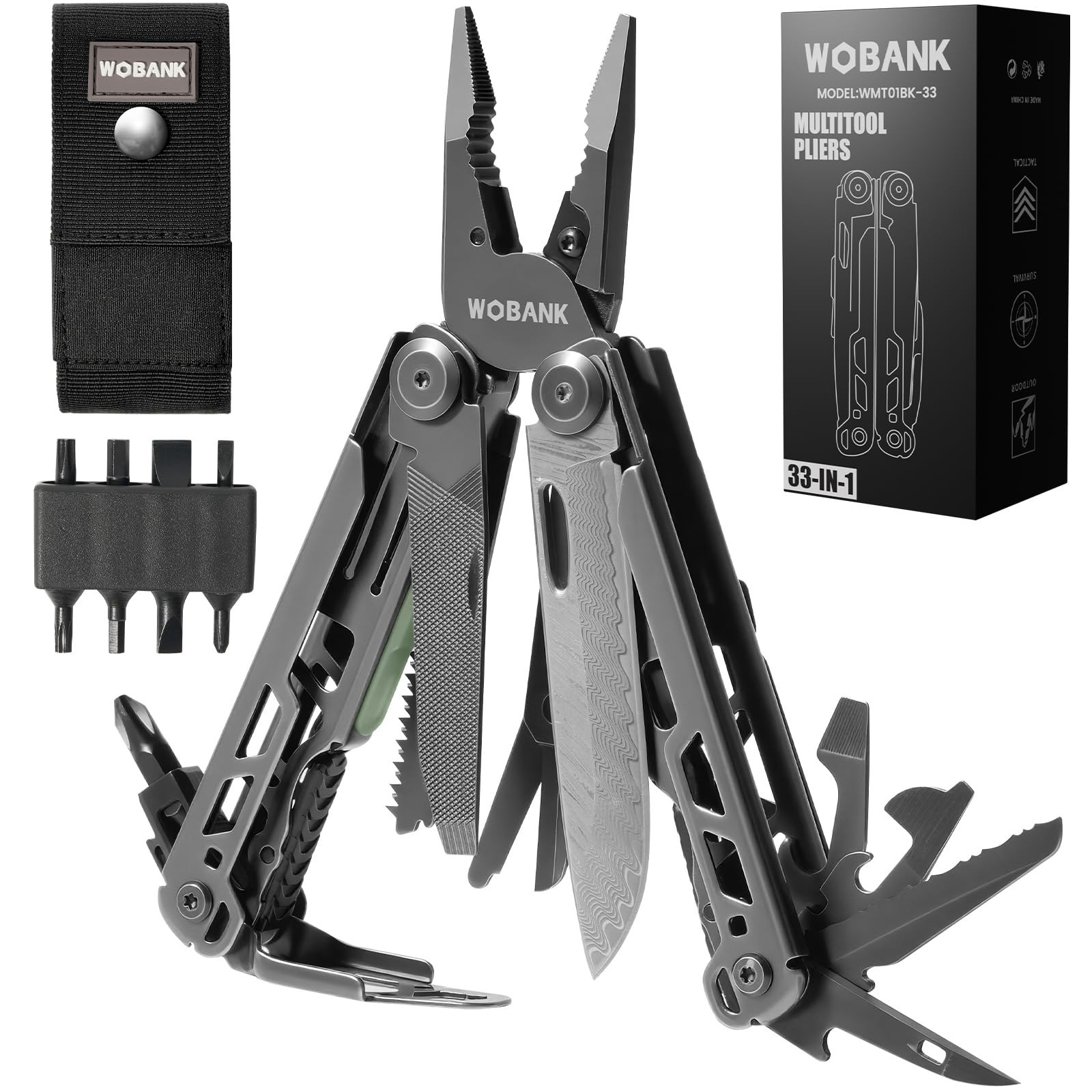 33-in-1 Stainless Steel Multitool Pliers, Damascus Pocket Knife & Nylon Sheath f