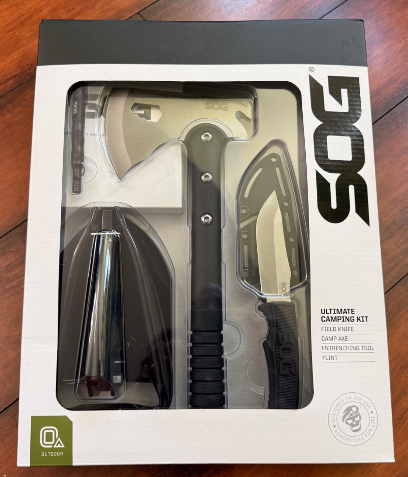 SOG Ultimate Camping Kit, Field Knife, Camp Axe, Flint & Entrench Tool BRAND NEW