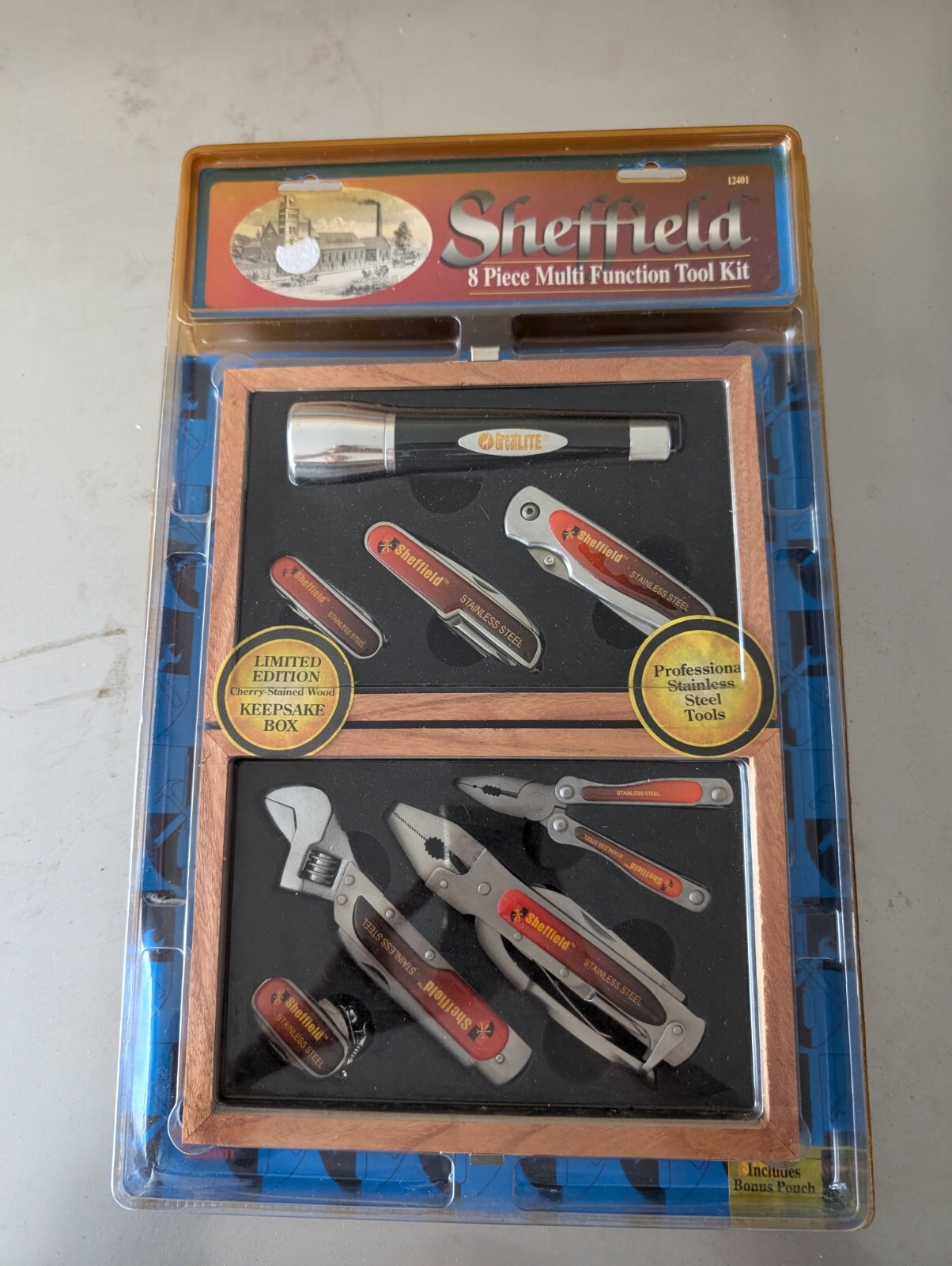 Sheffield 8 Pc Tool Kit Pocket Knife flashlight Pouch 12401 – New, Sealed