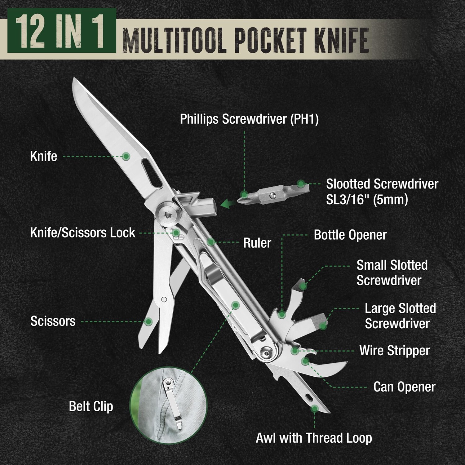 Mossy Oak 12-in-1 Multitool Folding Tool Multifunctional EDC Tool w/Belt Clip