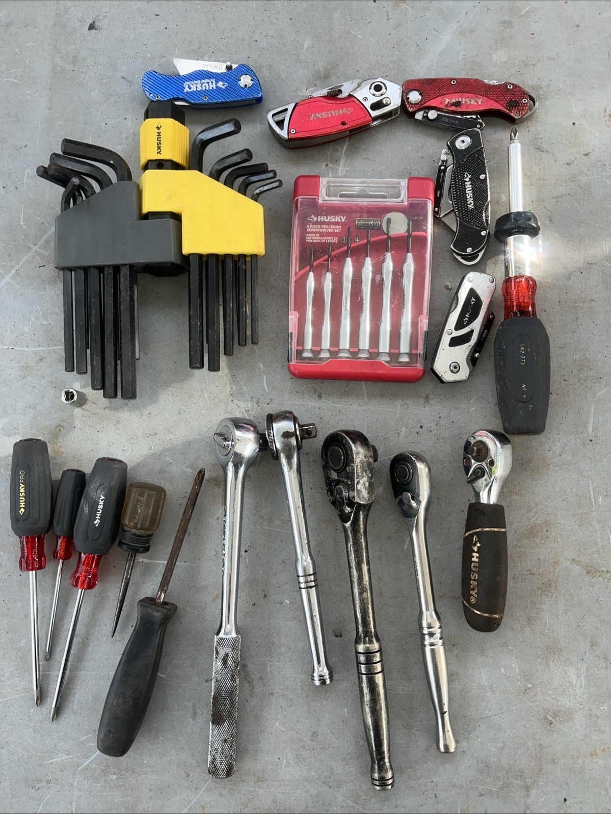 Lot of 49 Hand Tools Husky Tool Company Ratchet Screwdriver Utility Knives Allen