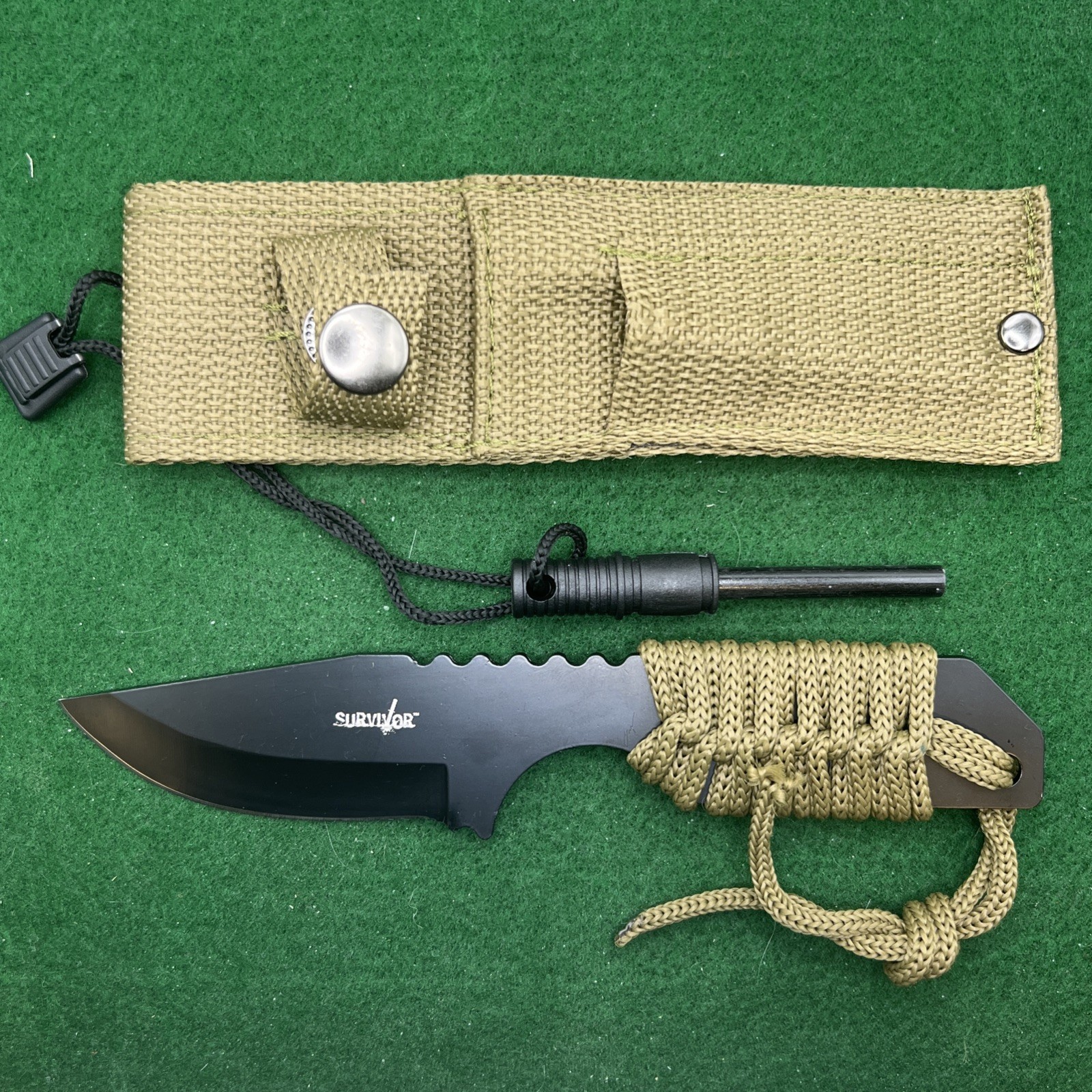 Khaki Survival Paracord Knife w/Fire Starter – Sheath – Pocket For Starter New