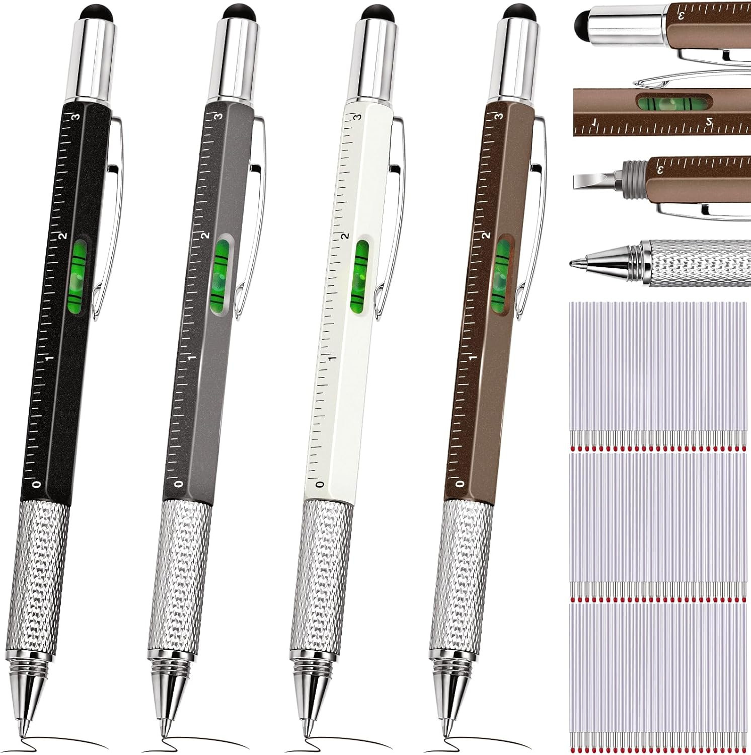 4 Pcs 6 in 1 Multitool Pen Gift for Men Multi Tool Pen with Ruler Level Screwdri