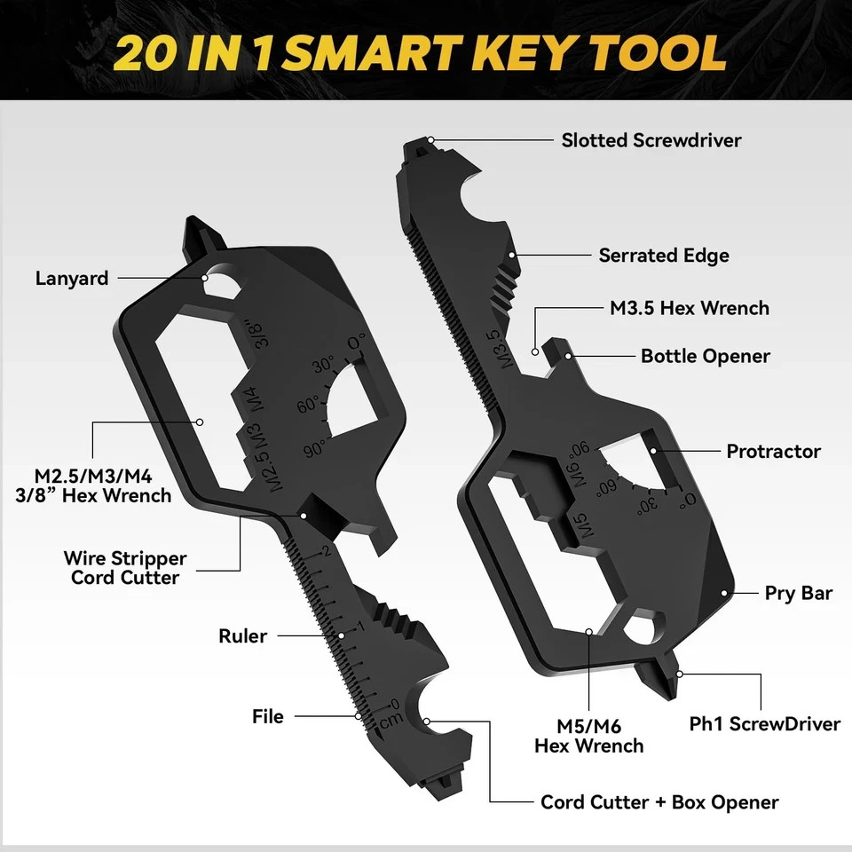 Key Shaped Pocket MultiTool 20-in1 Multi Tool, Stainless Steel Keychain Utility