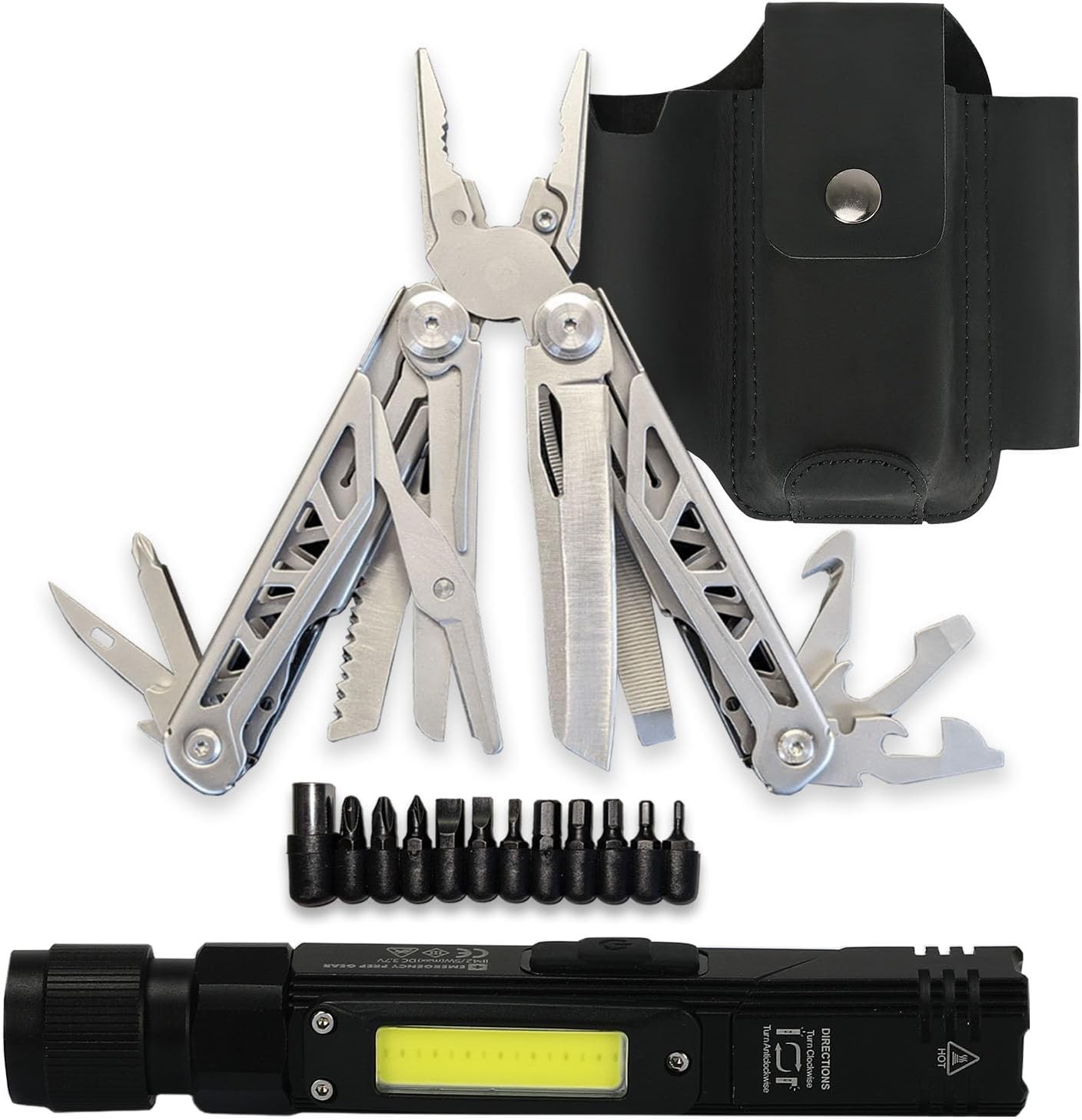 EPG Heavy Duty Multitool Bundle: Leather Case, Multi-Function Flashlight, Screwd